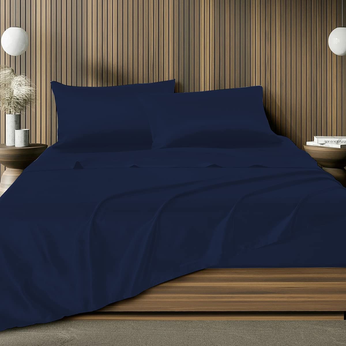 BLUECLANS 100% Egyptian Cotton Queen Size Sheets - 1000 Thread Count 4-Piece Bedding Set with Deep Pocket (21 Inch) & 2 Pillow Cases - Ultra Soft Sateen Weave - Navy Blue - Perfect for Luxury Hotels, Guest Rooms & Master Bedrooms