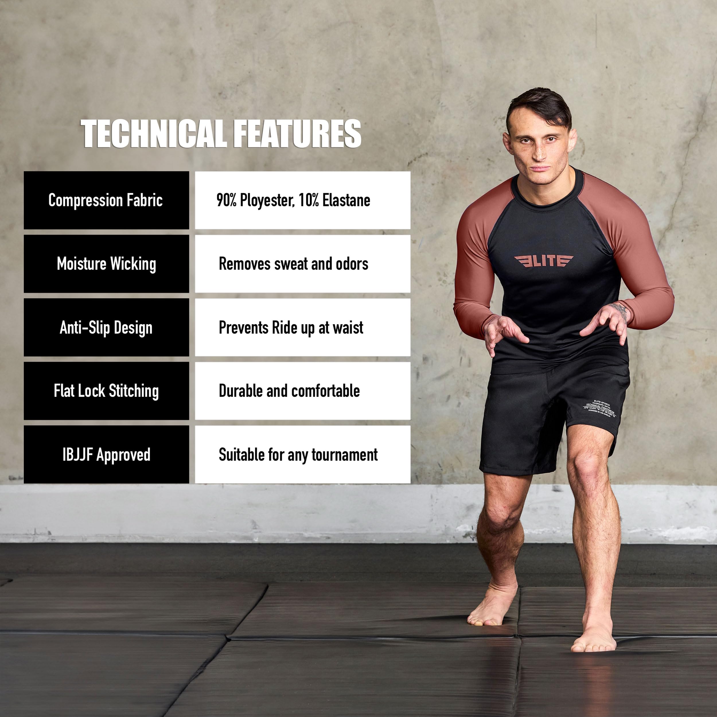Elite Sports Men's Jiu Jitsu BJJ Rash Guard - Long Sleeve Compression Shirt for MMA, No-Gi Training & Brazilian Jiu-Jitsu | Moisture-Wicking & UV Protection for Grappling, Wrestling & Fitness Workouts