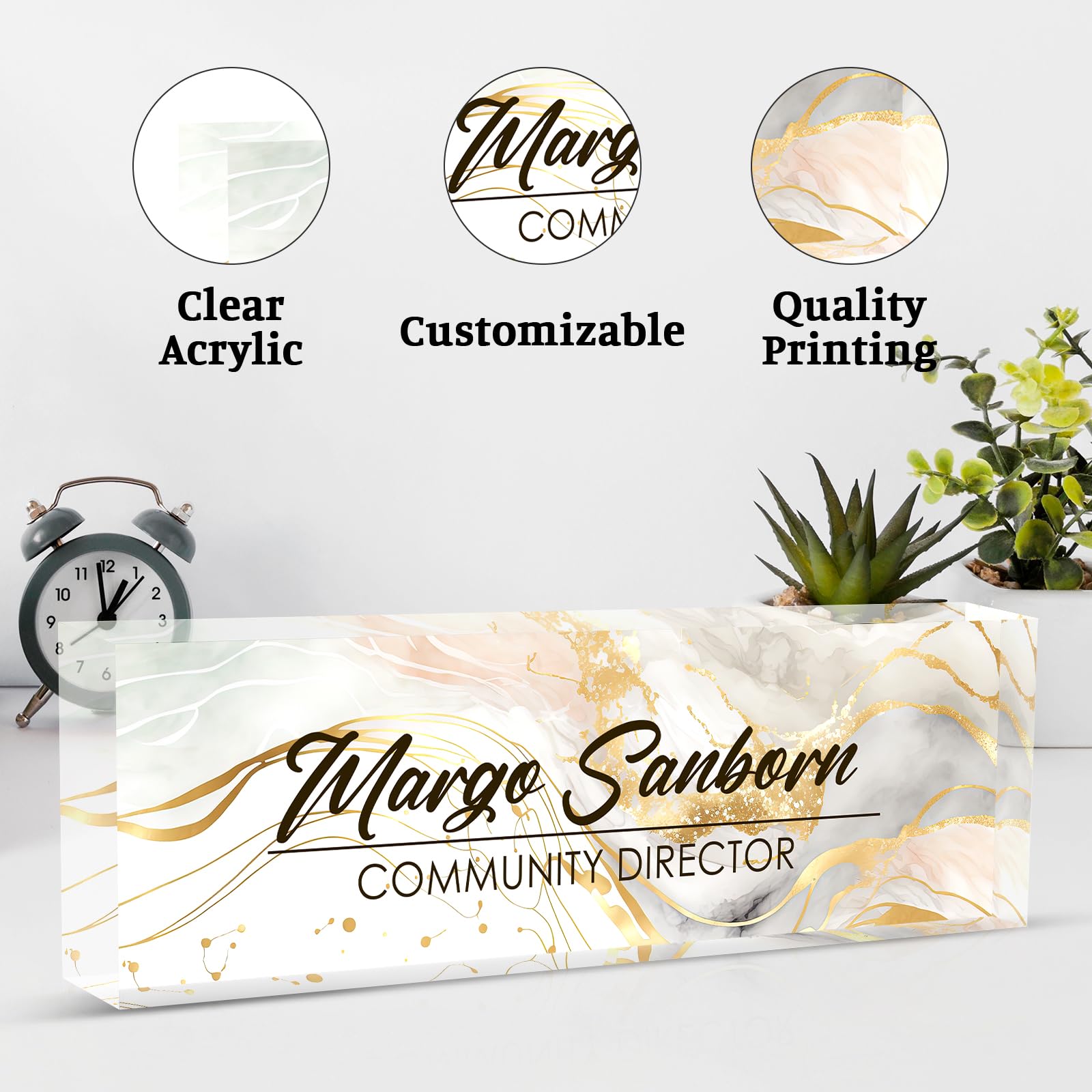Custom Acrylic Desk Name Plate - Personalized Office Name Sign for Boss, Coworkers, Teacher, Nurse - Elegant White Marble Design - Perfect Employee Appreciation Gift & Desk Decor for Office, Home, or Classroom