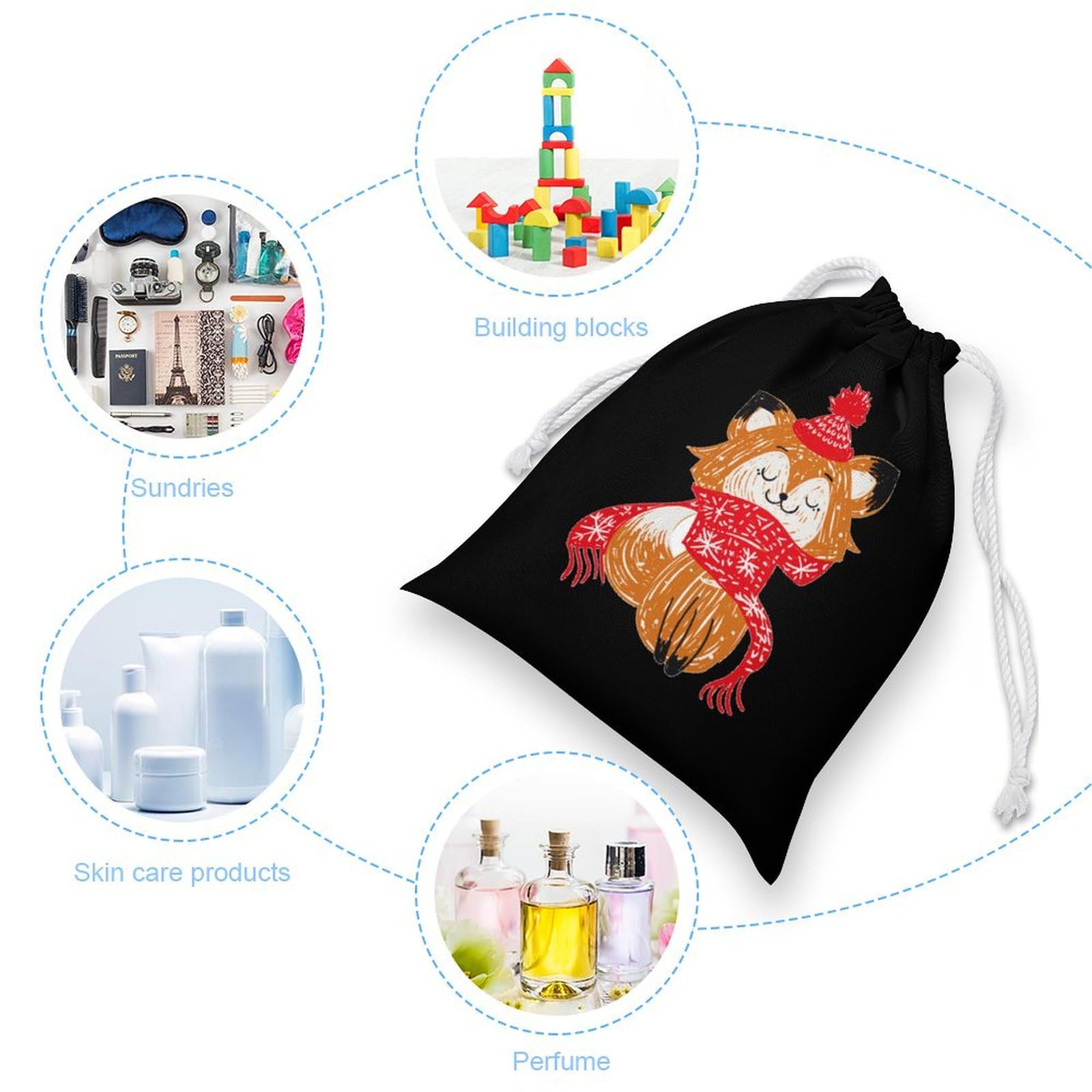 Cute Christmas Cartoon Fox Muslin Drawstring Bags - Reusable Small Gift Pouch for Holiday Presents, Party Favors & Home Storage | Eco-Friendly Fabric Gift Bags