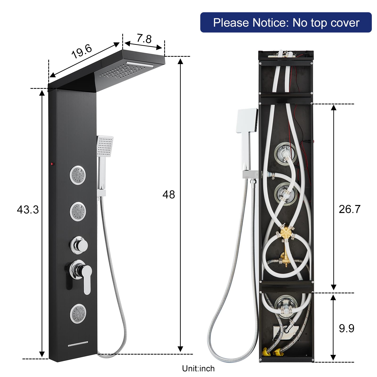 ROVATE 5-in-1 LED Shower Panel Tower System - Black Stainless Steel High Pressure Shower Column with Rainfall Showerhead, Waterfall, Body Jets & Handheld Sprayer + Tub Spout | Perfect for Modern Bathroom Renovation & Spa-Like Shower Experience