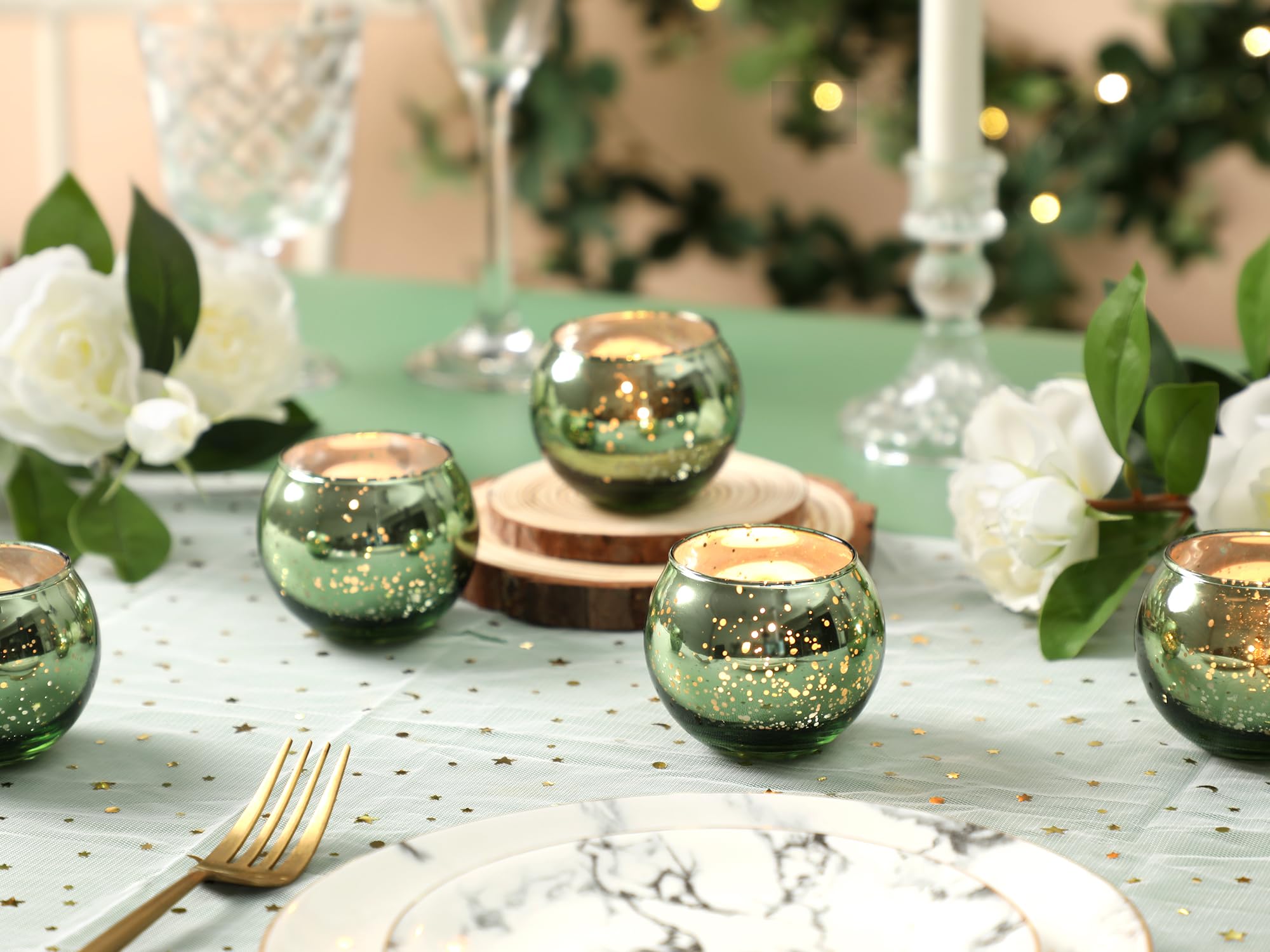 24-Pack Green Speckled Mercury Gold Glass Votive Candle Holders - Bulk Wedding Centerpiece Decor, Valentine's Day Party Supplies & Home Decor Accessories - Perfect for Table Settings, Romantic Dinners, and Holiday Celebrations