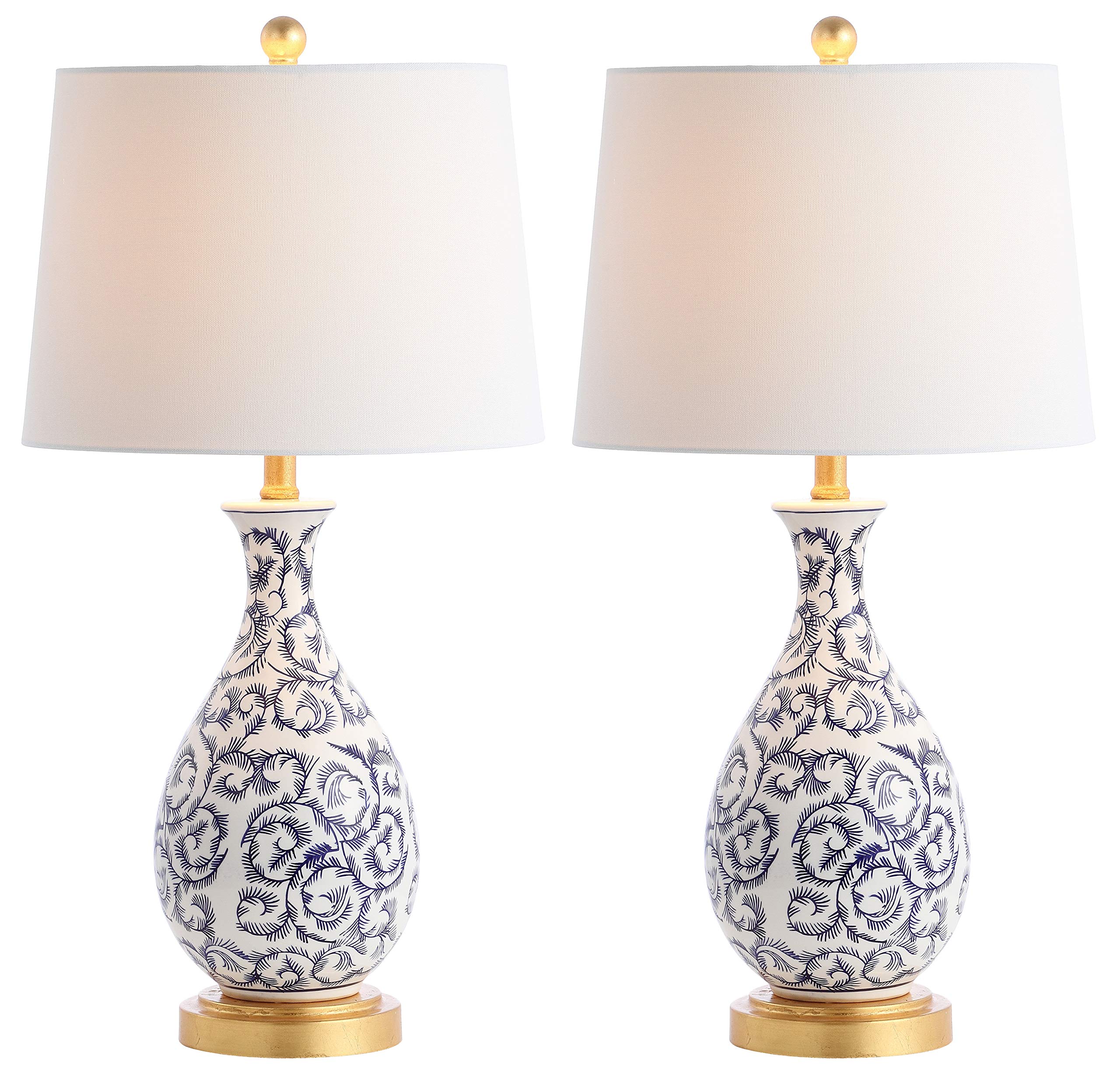 SAFAVIEH Avi Scroll 28-inch Table Lamp Set of 2 - Blue & White Modern LED Desk Lamp for Bedroom, Living Room, Home Office & Nightstand - Energy Efficient Lighting with Included LED Bulbs for Cozy Ambience & Task Lighting