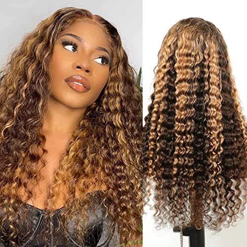 ISEE Hair 150% Density 13x4 Transparent Lace Front Wigs - Human Hair Deep Wave Wigs with Pre-Plucked Hairline & Baby Hair for Women (26 Inches, Honey Blonde Highlights) - Perfect for Daily Wear, Cosplay & Special Occasions