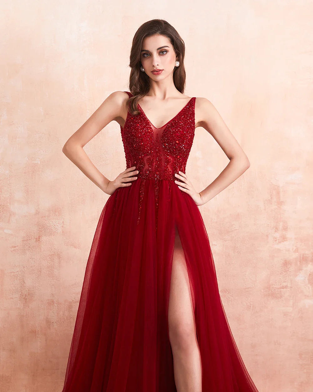 Elegant Beaded Prom Dresses - Long Sexy V-Neck High Slit Tulle Evening Gown with Sweep Train | Sleeveless A-Line Backless Formal Dress for Homecoming, Wedding, Party & Special Occasions