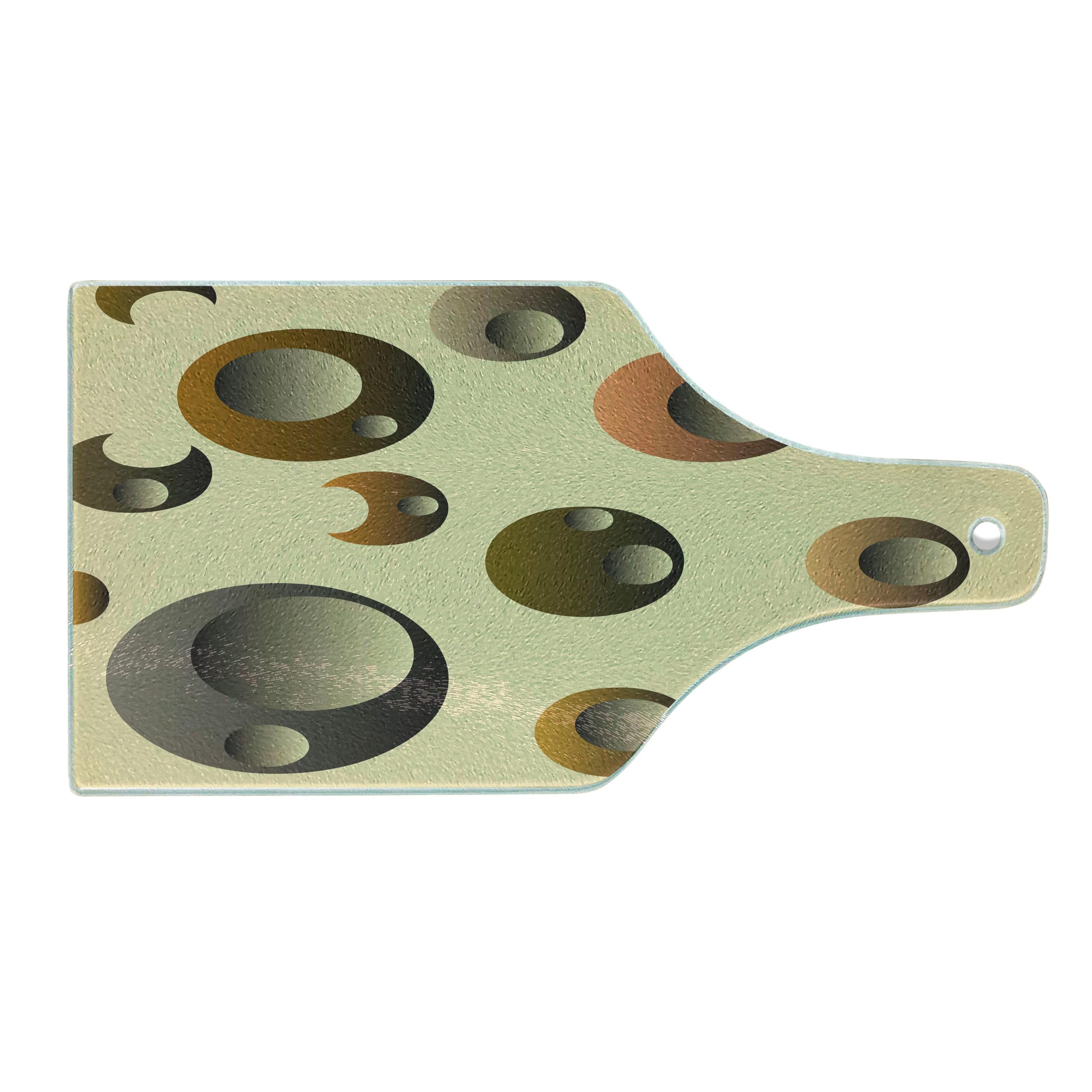 Ambesonne Retro Round Glass Cutting Board - Funky Bubbles Abstract Design, Tempered Glass Serving Board for Kitchen & Entertaining, Wine Bottle Shape in Cream Grey Caramel Colors - Perfect for Cheese Platters, Charcuterie & Party Appetizers