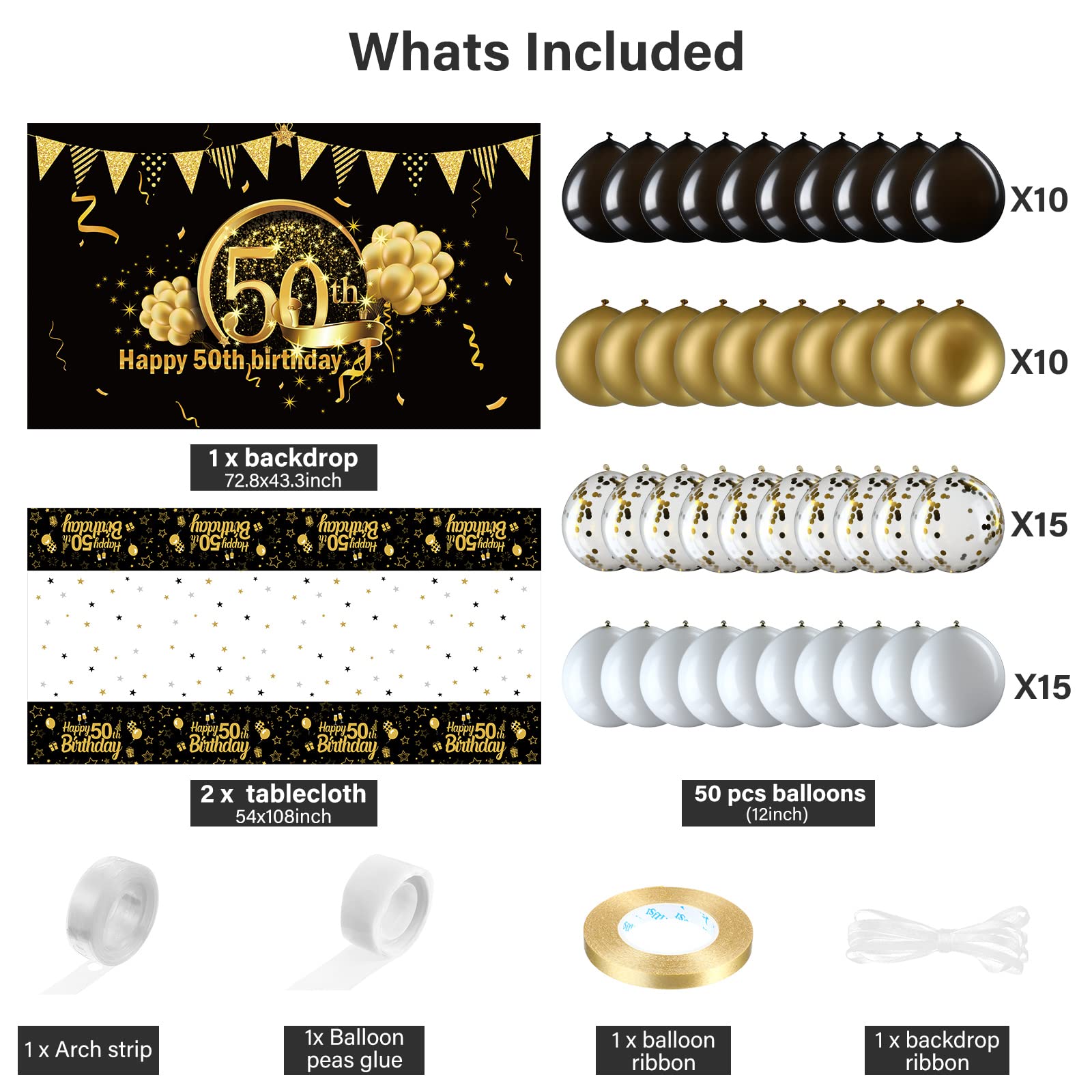 Sumind 53-Piece 50th Birthday Party Decorations Kit - Black & Gold Happy 50th Birthday Banner, 2 Retro 1975 Tablecloths, 50 Balloons (12