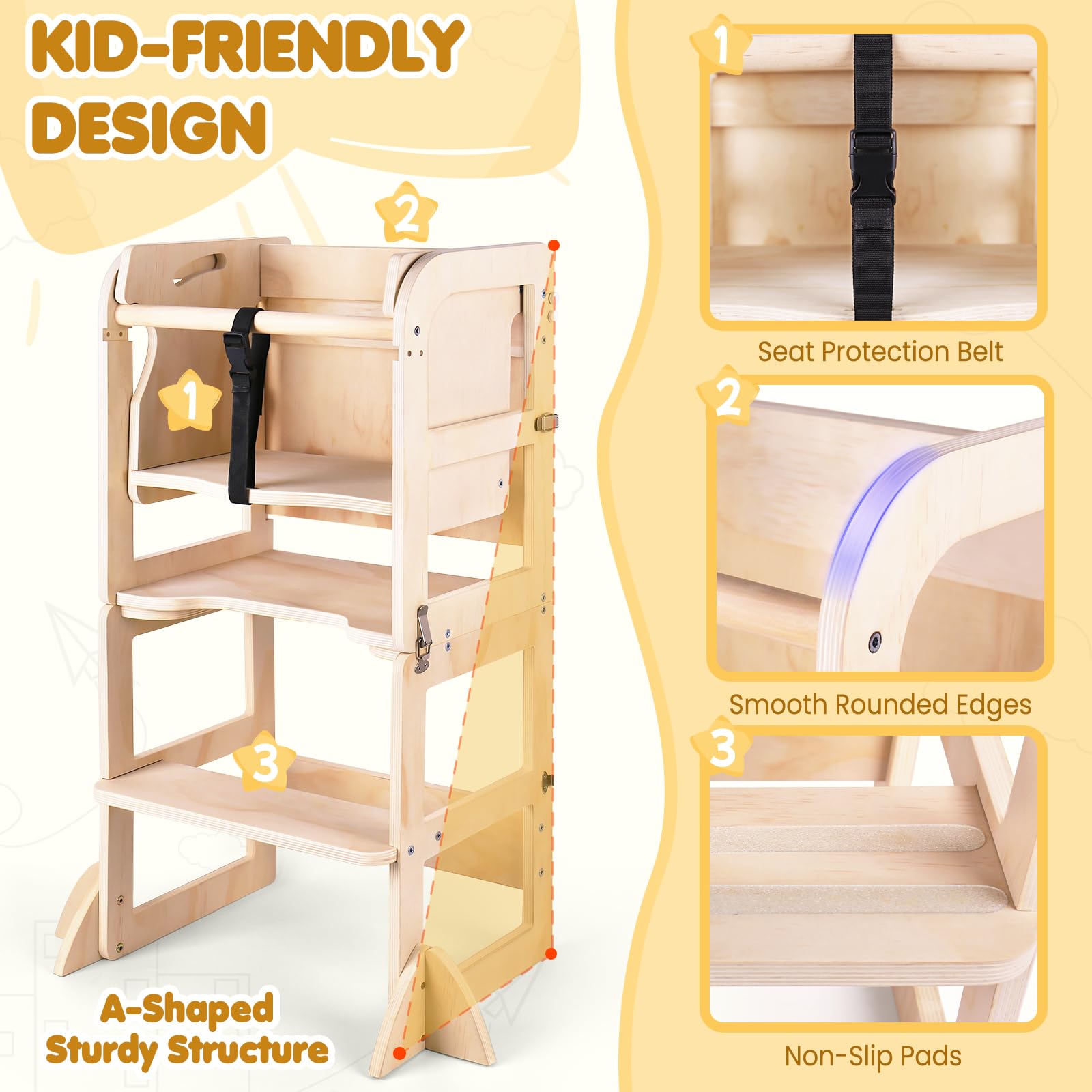 6-in-1 Multifunctional Toddler Step Stool with Foldable Learning Tower, Blackboard & Feeding Tray - Wooden Kitchen Helper for Kids Ages 1-3 - Perfect for Cooking, Learning & Playtime - Ideal Gift for Boys & Girls