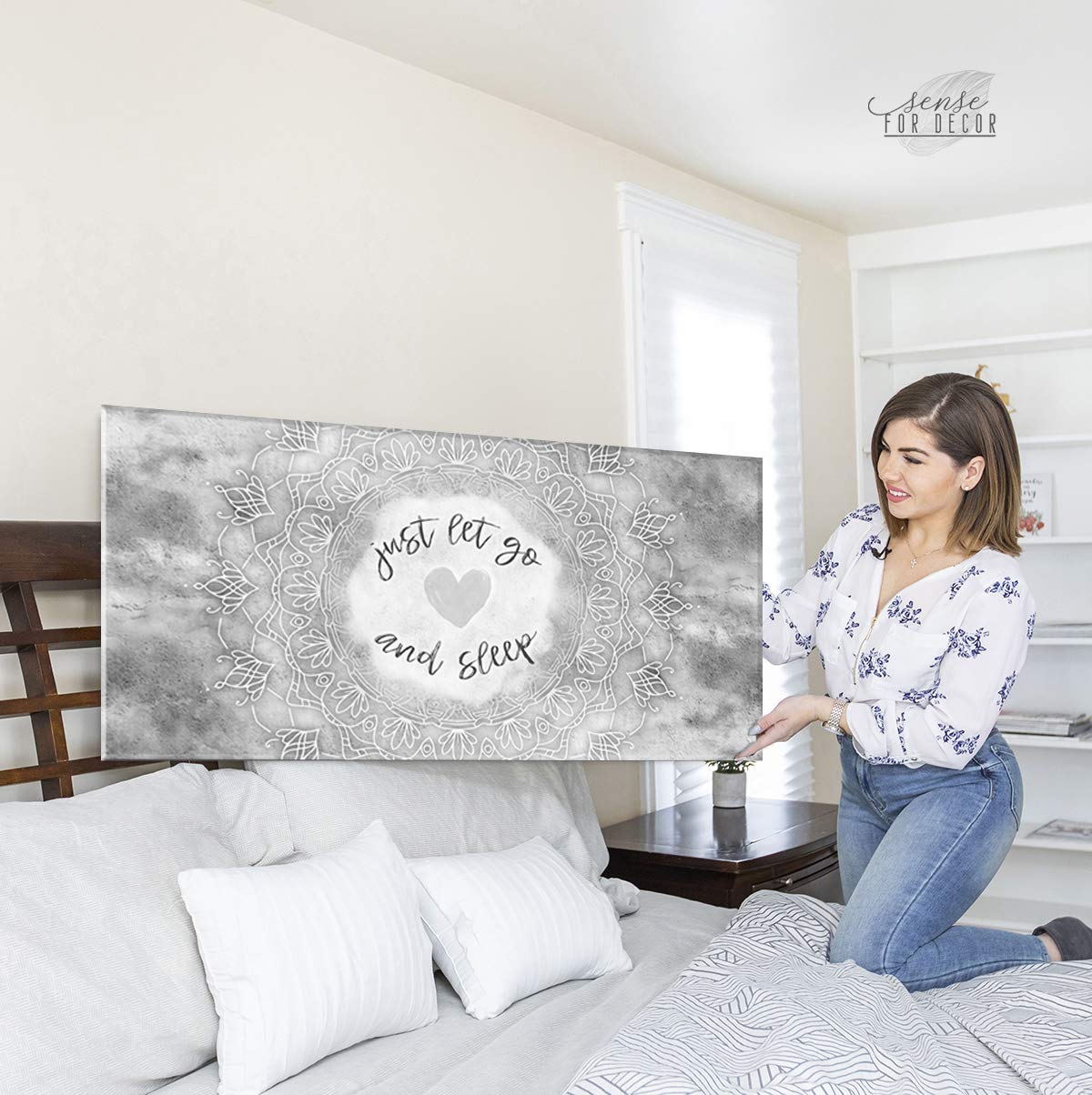 Boho Just Go And Sleep Large Canvas Wall Art - Bohemian Mandala Wall Decor for Master Bedroom, Above Bed (Grey, 42x19) - Perfect for Meditation Spaces & Boho Chic Home Decor