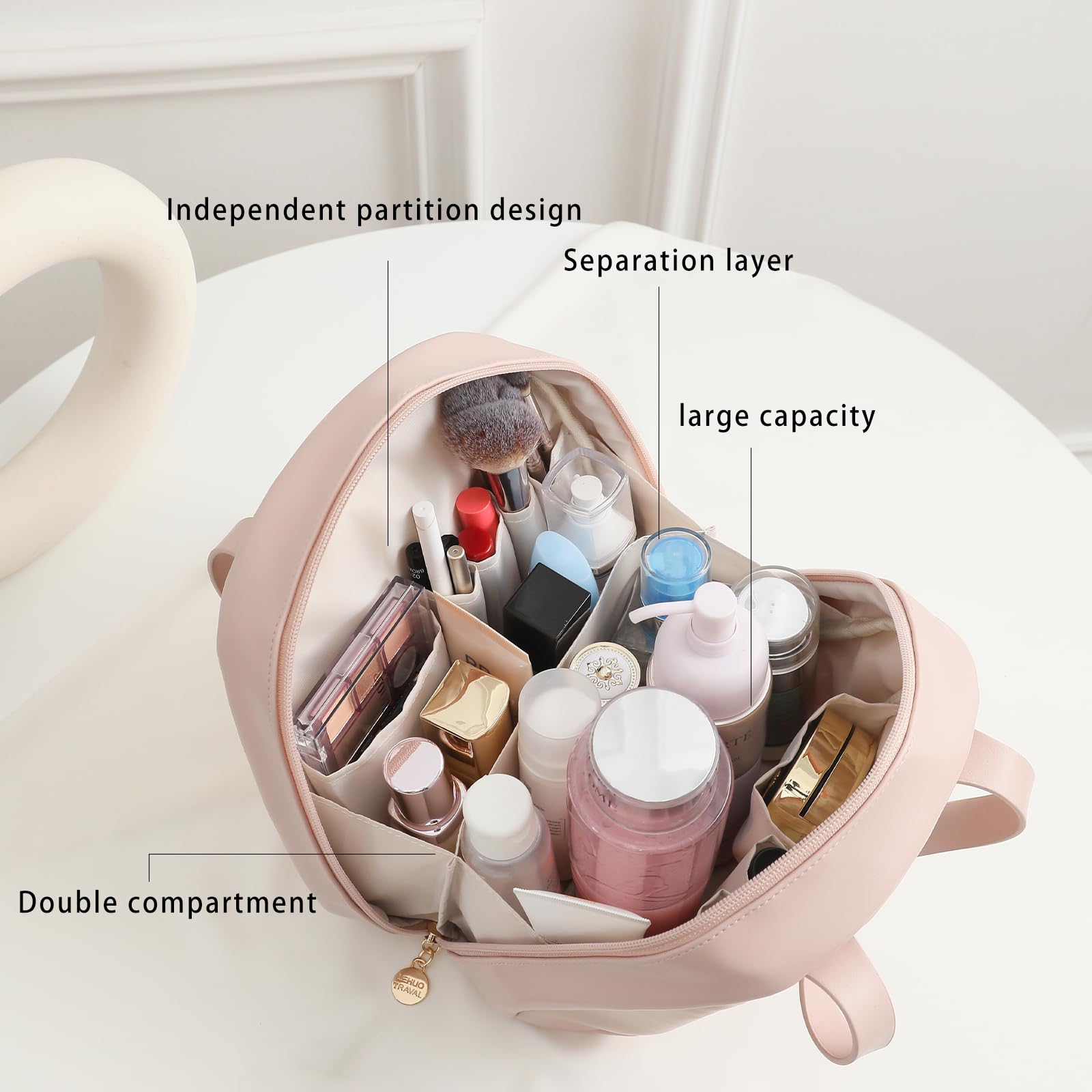 Waterproof PU Leather Travel Makeup Bag for Women - Portable Cosmetic Organizer with Handle & Divider - Pink | Perfect for Vacation, Gym & Daily Essentials Storage