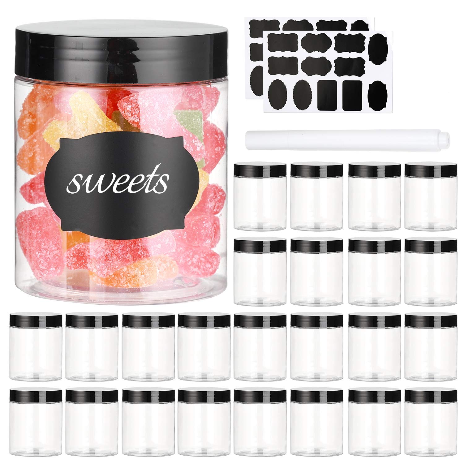 8 OZ Clear Plastic Jars with Airtight Lids - 24 Pack BPA-Free Food Storage Containers for Dry Goods, Spices, Creams & DIY Slime | Kitchen Pantry Organization & Craft Supplies Storage