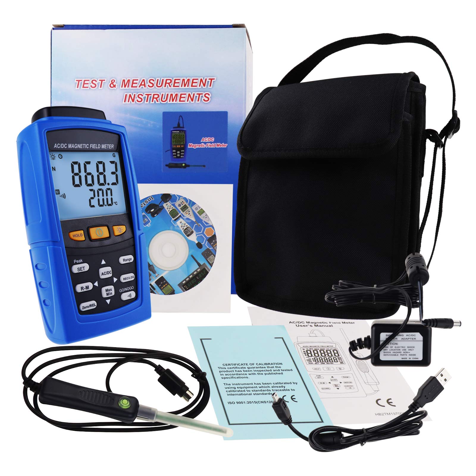 AC/DC Gaussmeter - Digital Magnetic Field Strength Meter with 3000mT (30000 Gauss) Range, N/S Polarity Detection & Auto/Manual Data Recording - Ideal for Industrial Testing, Laboratory Research and Permanent Magnet Analysis