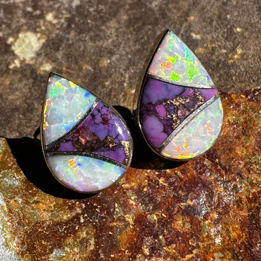 Opal & Mojave Purple Turquoise Sterling Silver Stud Earrings for Women | Dainty Pierced Post Jewelry for Everyday Wear & Special Occasions