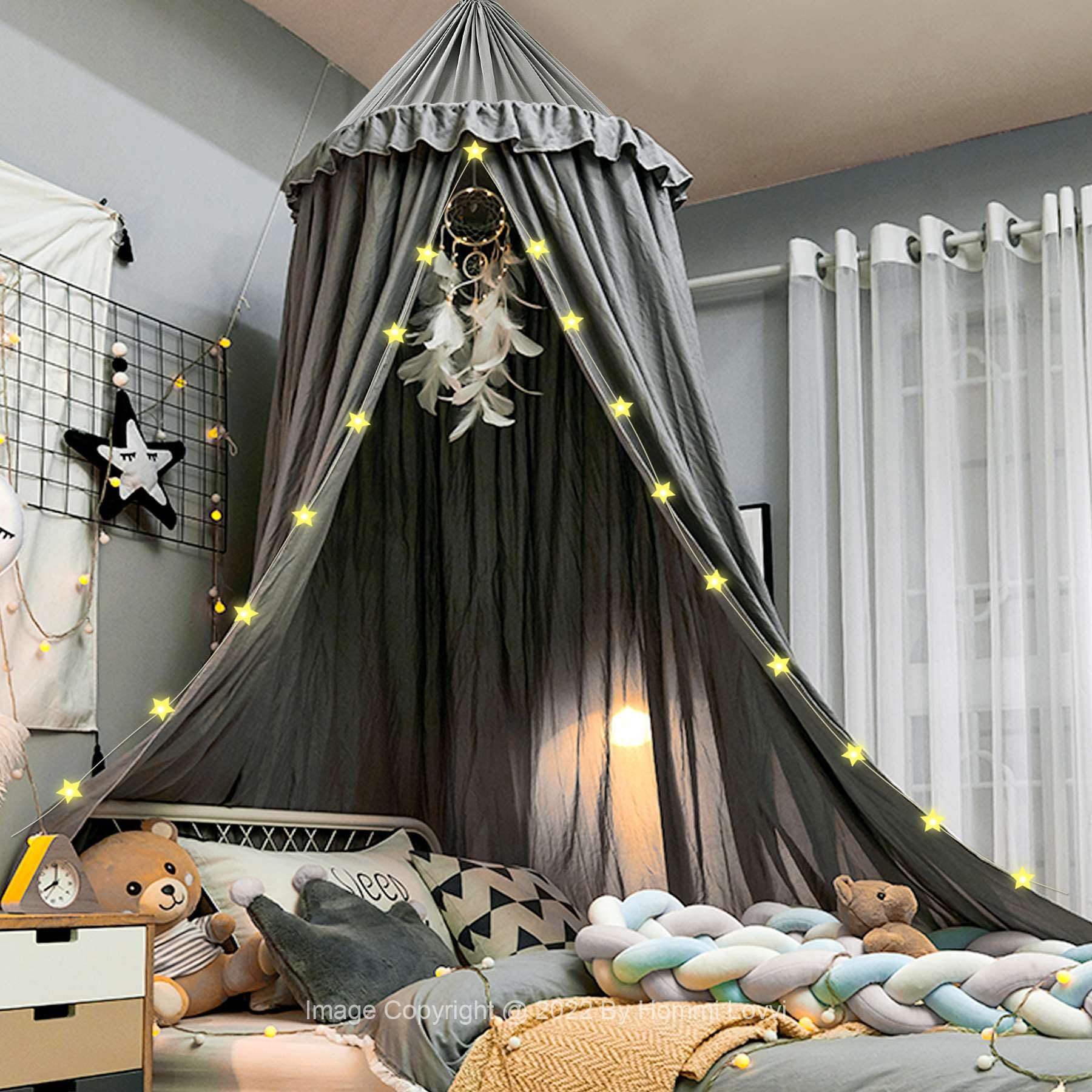 Dreamy Frills Princess Bed Canopy for Girls - Extra Large Full/Queen Size, Soft Grey Ceiling Hanging Canopy Net for Bedroom Decor | Perfect for Reading Nooks, Sleepovers & Fantasy Bedroom Makeovers
