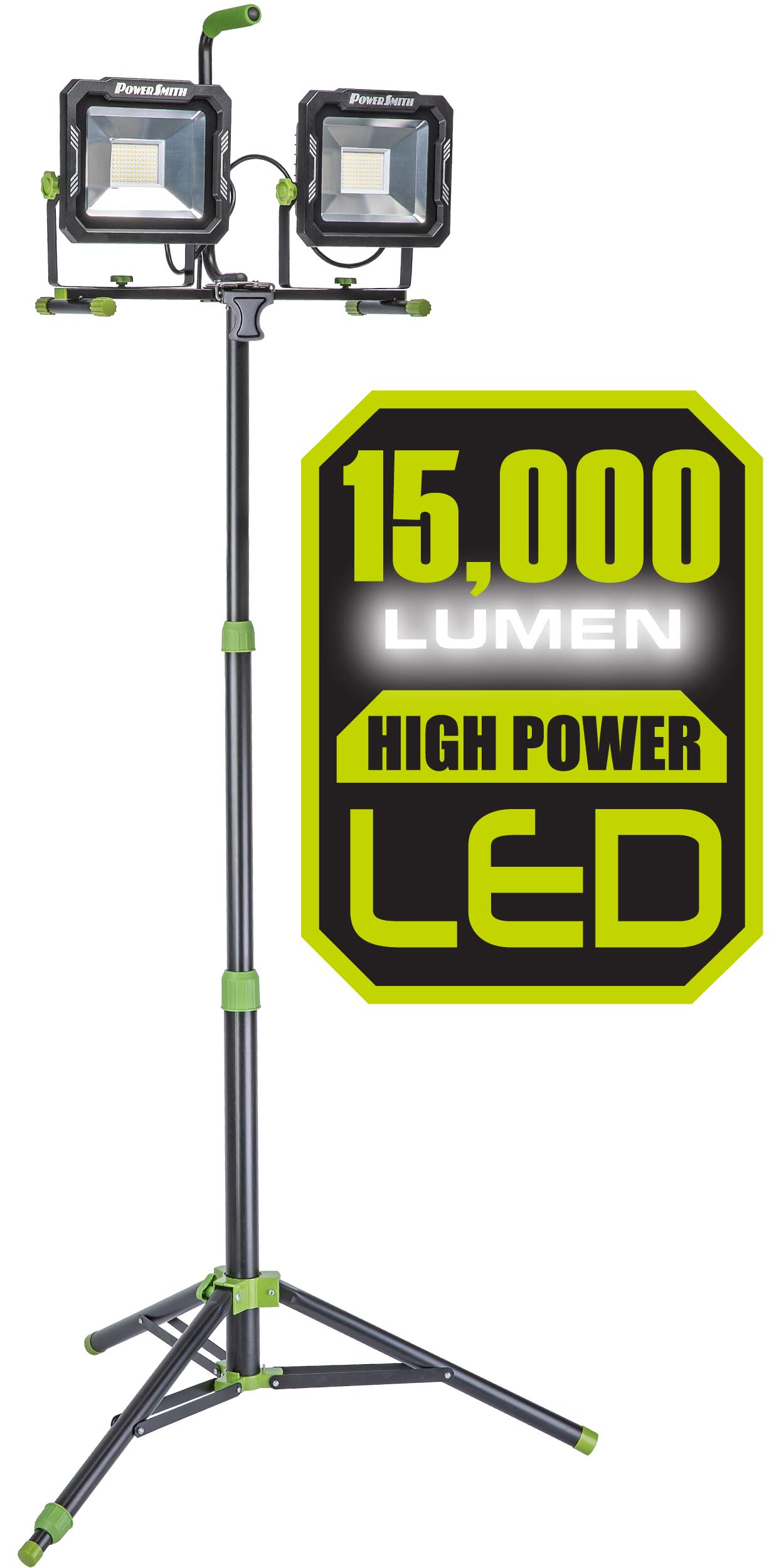 PowerSmith PWL2150TS 15000 Lumen Waterproof LED Dual Head Work Light with Adjustable Metal Tripod Stand - Heavy Duty Construction Site Lighting for Outdoor, Garage, Workshop & Emergency Use