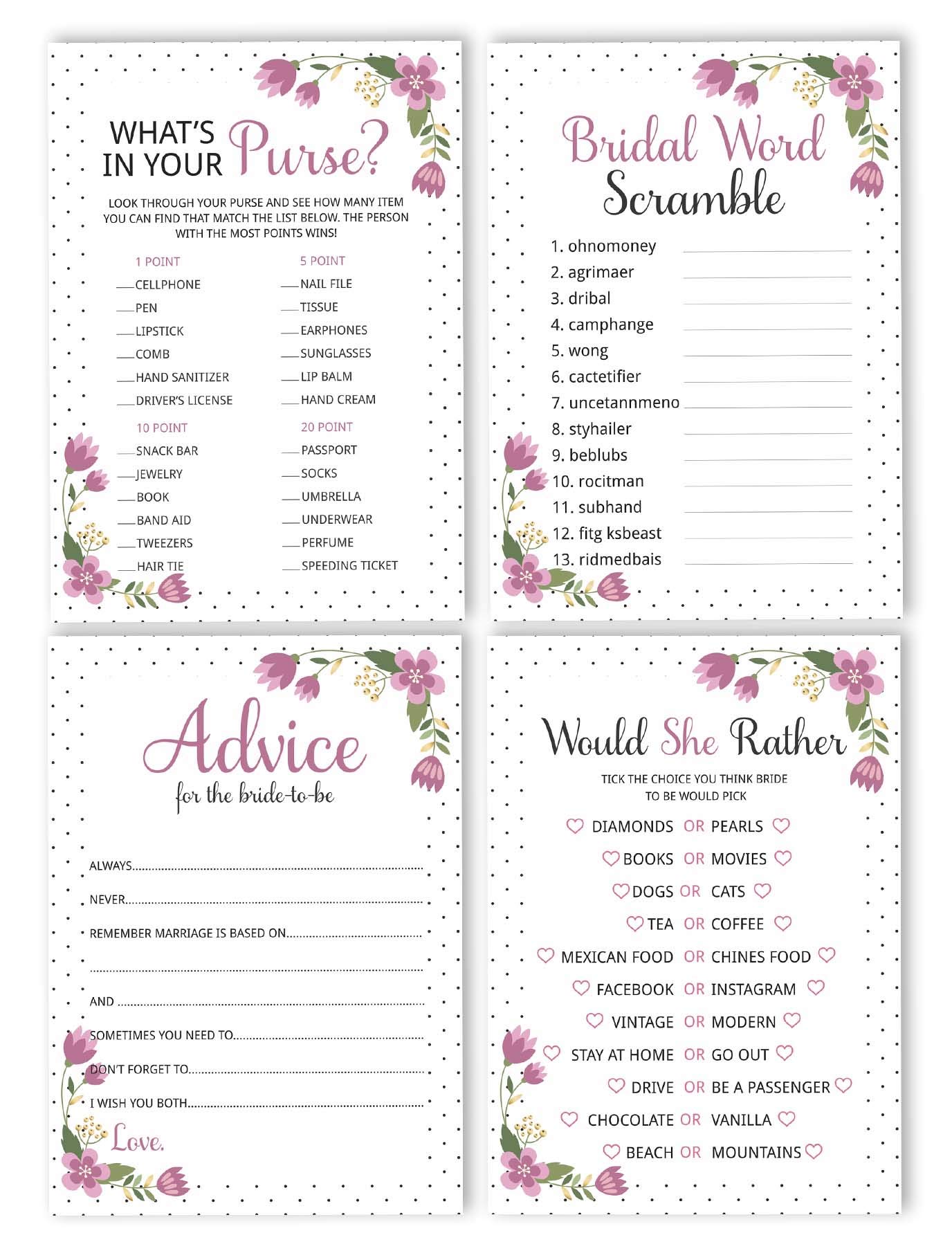 Floral Bridal Shower Games Set of 4 (50 Sheets Each) - Fun Bachelorette Party Games Bundle for Wedding Showers & Girls Night Out