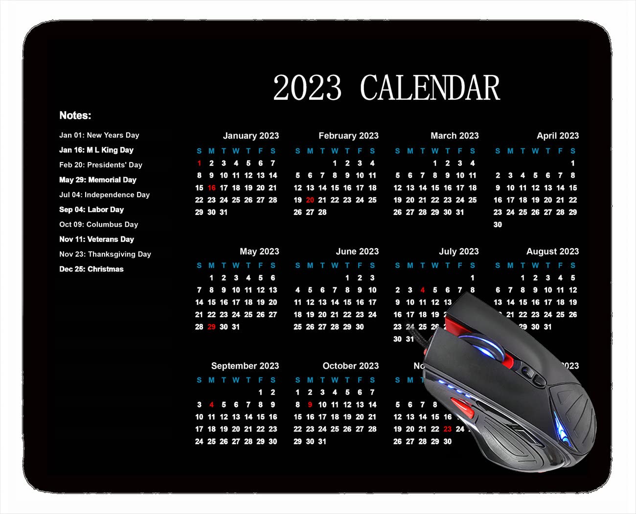 2023 Calendar Mouse Pad with Holidays - Black Gaming Mouse Mat (260x210x3mm) - Soft Non-Slip Surface for Office, Home & PC Gaming Accessories