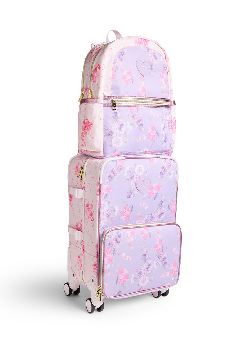 STATE x LoveShackFancy Logan Carry On Suitcase - Stylish Pink Floral Luggage for Women | Perfect for Weekend Getaways & Air Travel | TSA-Approved Spinner Bag