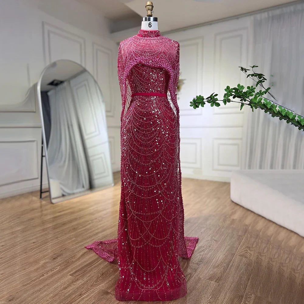Elegant Green Pearl Evening Gown with Detachable Cape - LA72032 | Luxury Designer Dress for Prom, Gala & Formal Events