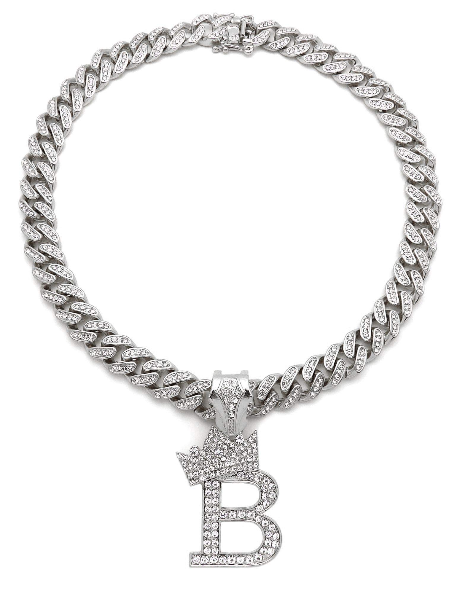 NYFASHION101 Iced Out Miami Cuban Chain Necklace with 12mm Stone Stud Crowned Initial Pendant - Perfect for Hip Hop Jewelry, Bling Accessories & Streetwear Fashion