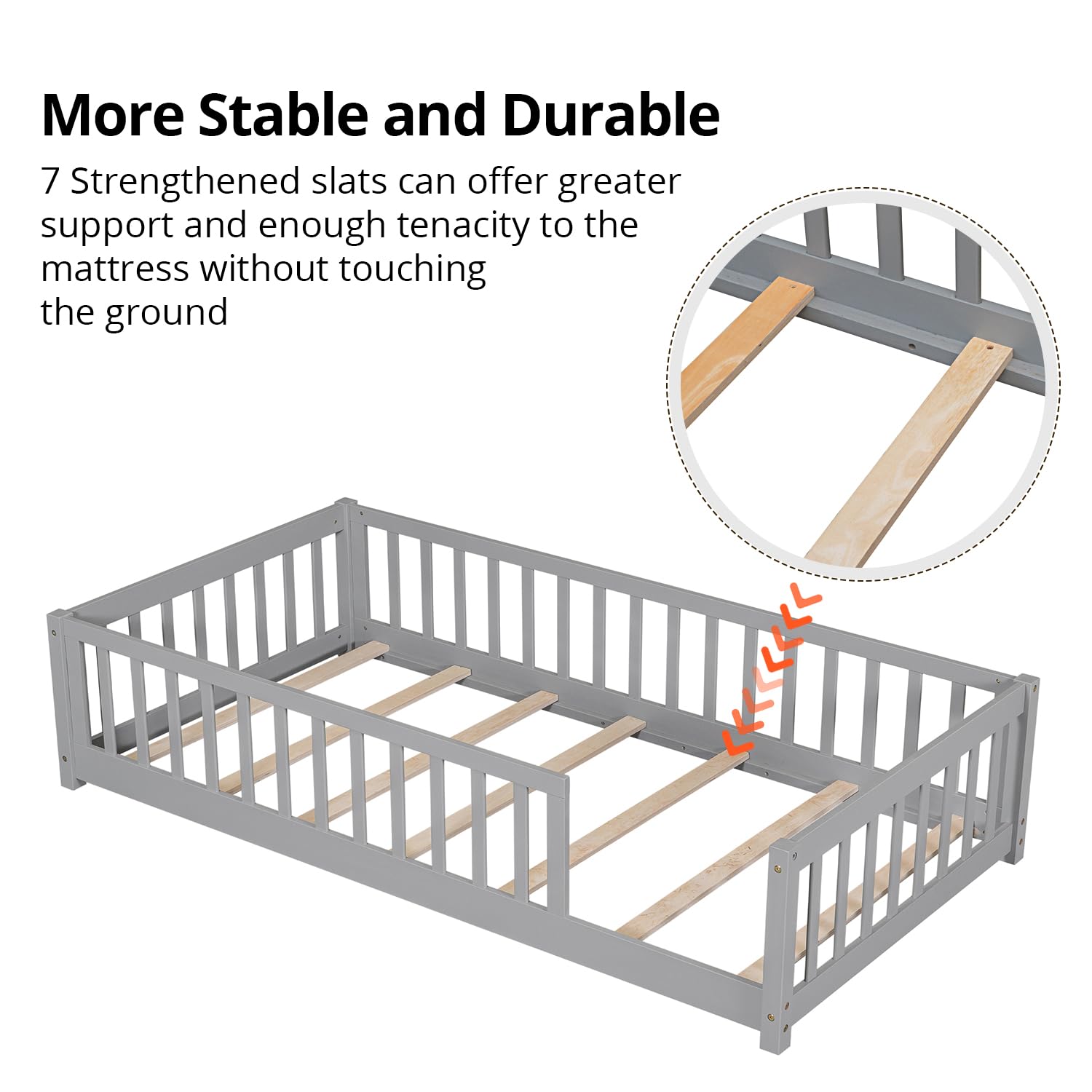 Montessori Twin Floor Bed for Kids - Solid Wood Toddler Bed Frame with Safety Guardrails, Multifunctional Low Profile Bed, Easy Assembly, Gray - Perfect for Montessori Rooms, Daycare, and Small Spaces