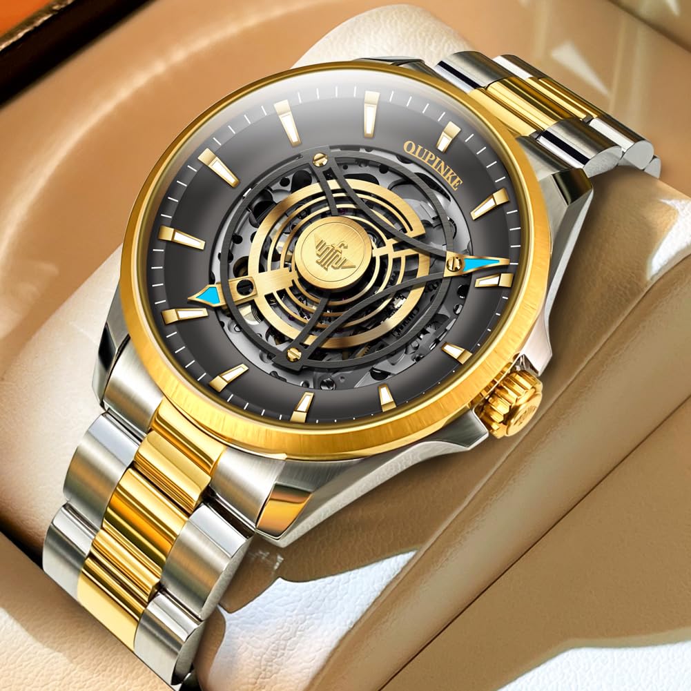 Premium OUINKEE Men's Skeleton Automatic Mechanical Watch - Self-Winding Luxury Dress Watch with Black Tungsten Case, Sapphire Crystal, Luminous Hands & Waterproof Design | Perfect for Business, Formal Events & Everyday Elegance