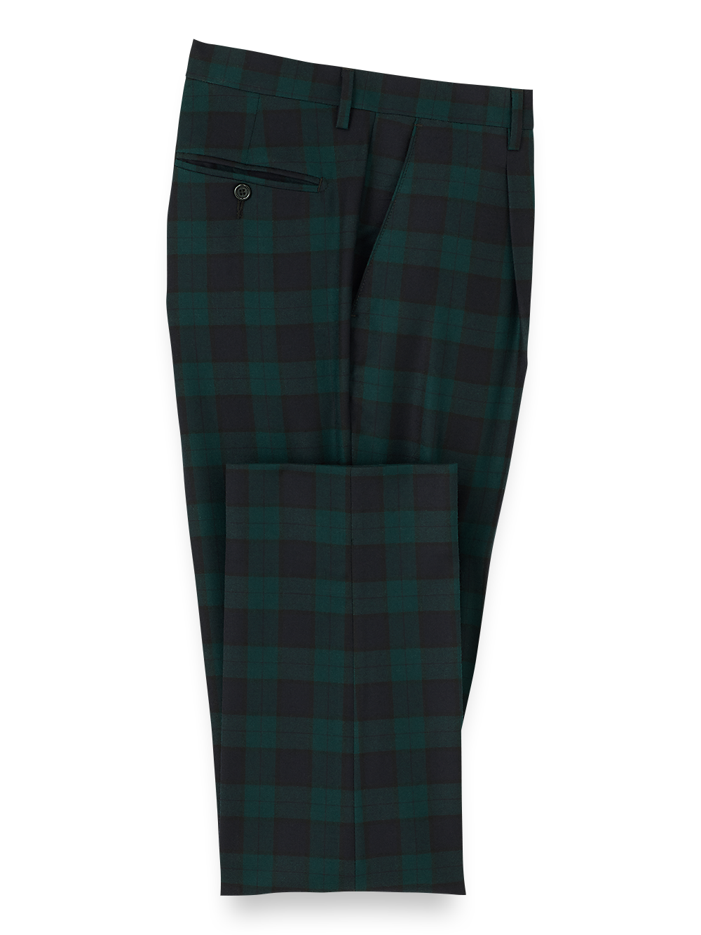 Premium Wool Flannel Blackwatch Plaid Single Pleated Pants for Men - Classic Green/Navy Tartan Trousers | Office Wear, Business Casual & Winter Fashion