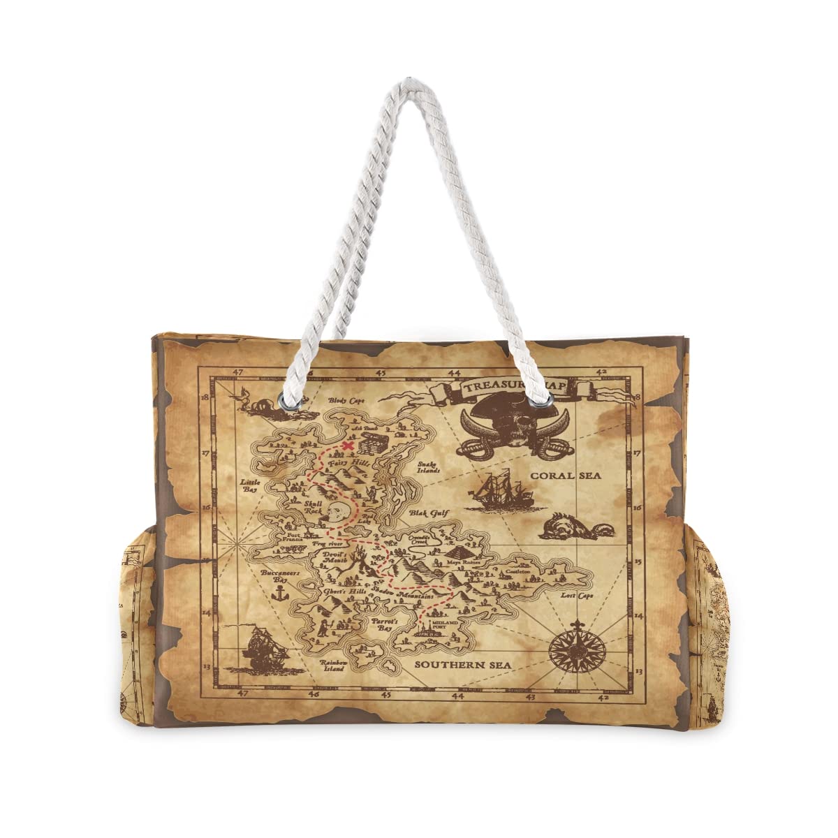 Pirate Treasure Map Beach Tote Bag - Reusable Grocery Shopping & Laundry Carry Bag for Women - Perfect for Beach Trips, Shopping & Travel Accessories