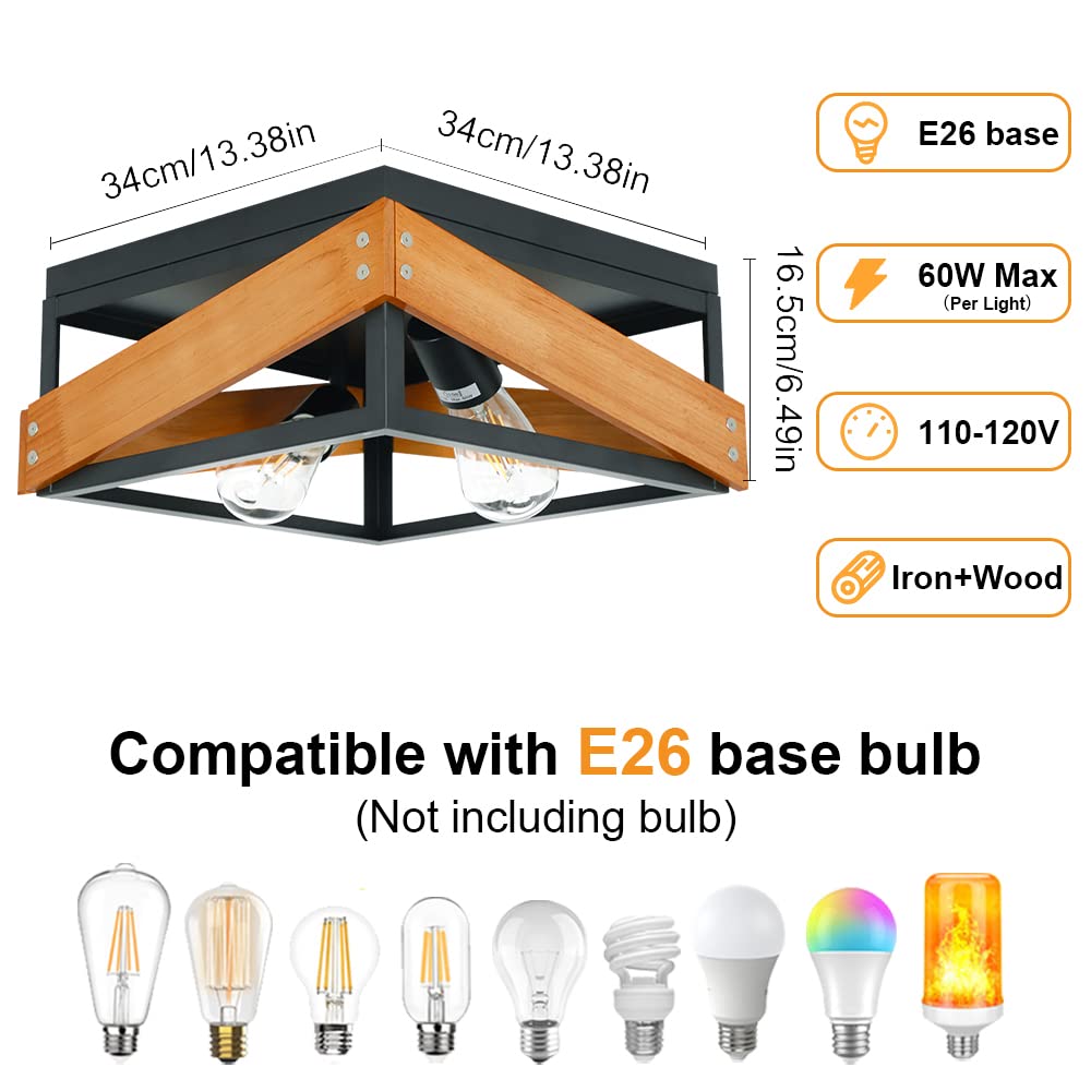 Rustic Industrial Flush Mount Ceiling Light - 2-Light Square Farmhouse Fixture with Wood & Metal Frame - Matte Black E26 - Perfect for Hallway, Living Room, Bedroom, Kitchen & Entryway Lighting