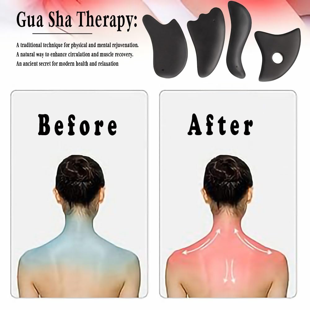 Premium Bian Stone Gua Sha Facial Tools Set of 4 - Natural Face & Body Massage Kit for Glowing Skin, Anti-Aging, Face Lifting & Slimming - Perfect for Daily Skincare Routine (Black) | Spa, Home Relaxation & Self-Care Gift for Women & Men