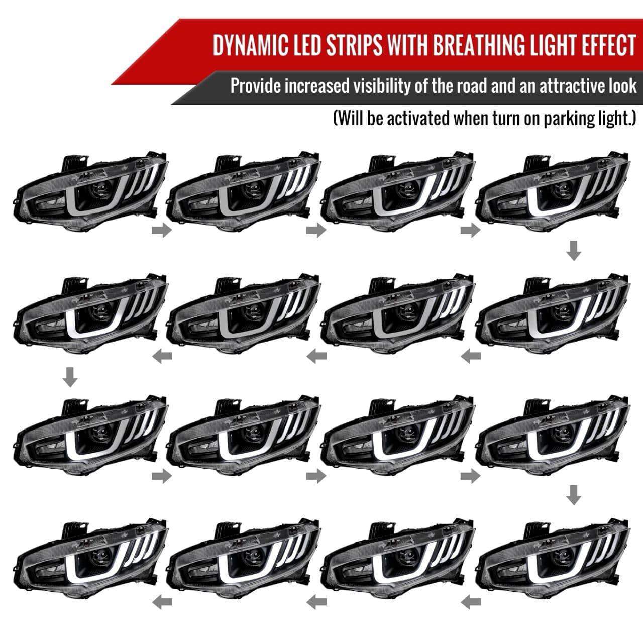 2016-2021 Honda Civic LED Projector Headlights with Switchback Sequential Turn Signal - Matte Black Housing & Clear Lens - Upgrade Your Night Driving Safety