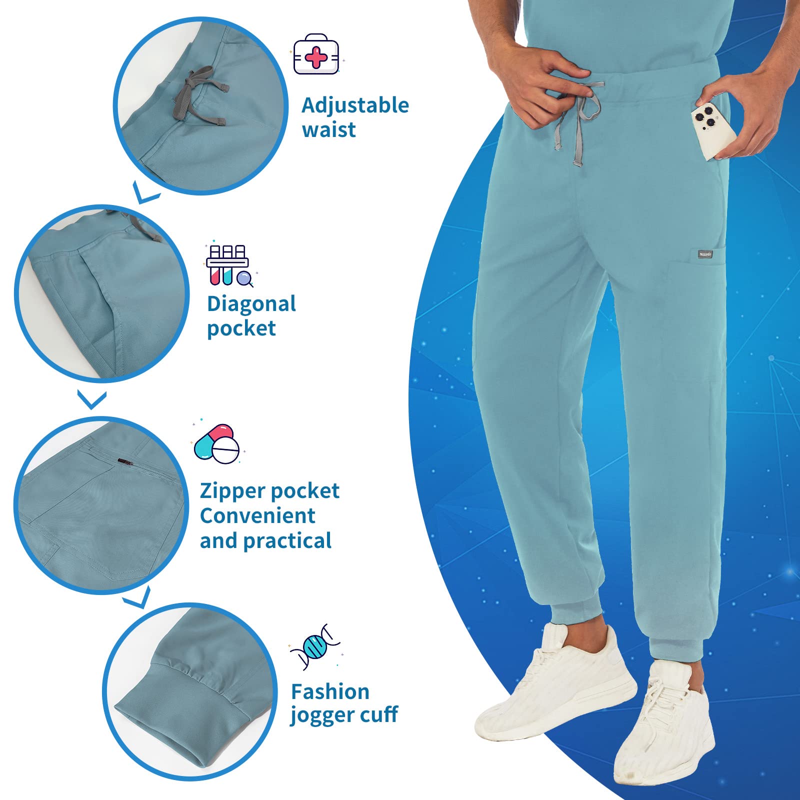 VIAOLI Men's Athletic Scrub Set - V-Neck Top & Yoga Jogger Pants with 8 Pockets - Comfortable Medical Uniform for Nurses, Doctors & Healthcare Workers - Perfect for Hospital Shifts, Clinical Work & Long Hours on Duty