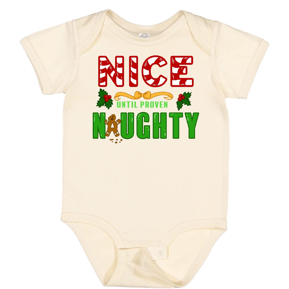 Inktastic Nice Until Proven Naughty with Holly and Gingerbread Man Baby Bodysuit - Christmas Holiday Outfit for Infants & Toddlers