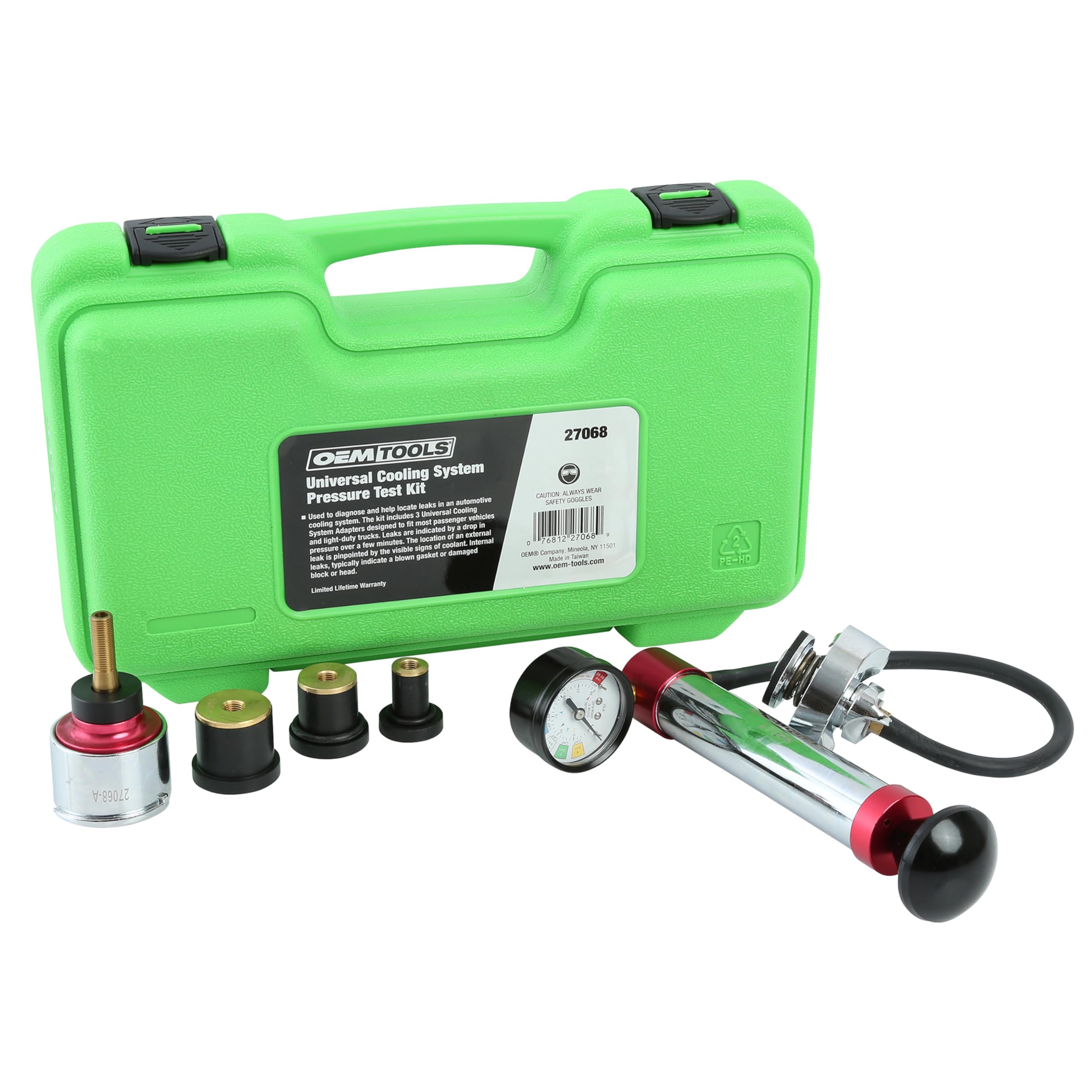 OEMTOOLS 27068 Universal Cooling System Pressure Test Kit - Automotive Radiator & Coolant System Pressure Tester - Diagnostic Tool for Radiator & Reservoir Leaks Detection - Includes 12 Adapters & Durable Case - Perfect for Mechanics & DIY Car Maintenance