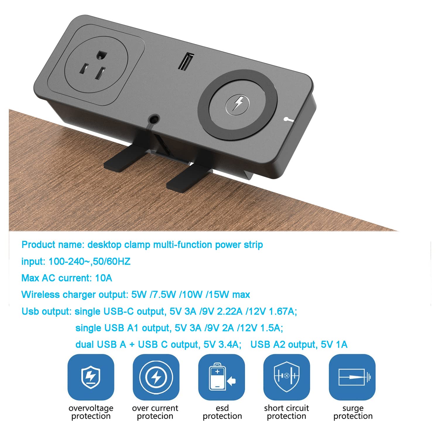 Desk Clamp Power Strip with USB C & Wireless Charger - 2 AC Outlets, 2 USB Ports, 15W Wireless Charging Station, 20W PD Fast Charging - Surge Protector for Home Office Desk (Fits 2.16