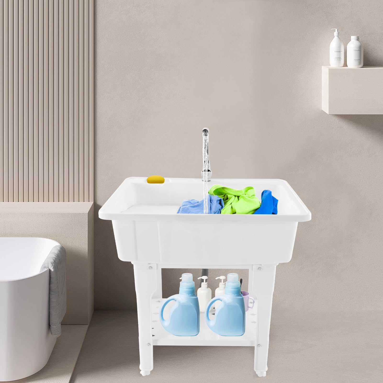 Freestanding Plastic Laundry Sink with Washboard - 25.59x21.65x31.5 Inch Utility Sink with Hot/Cold Faucet, Hoses & Drain Kit - Perfect for Garage, Basement, Garden & Outdoor Cleaning Tasks