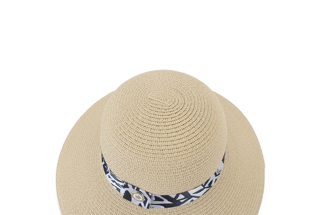 Elegant Beige and Navy Orchid Print Hat - Stylish Sun Protection for Outdoor Activities, Beach, and Travel
