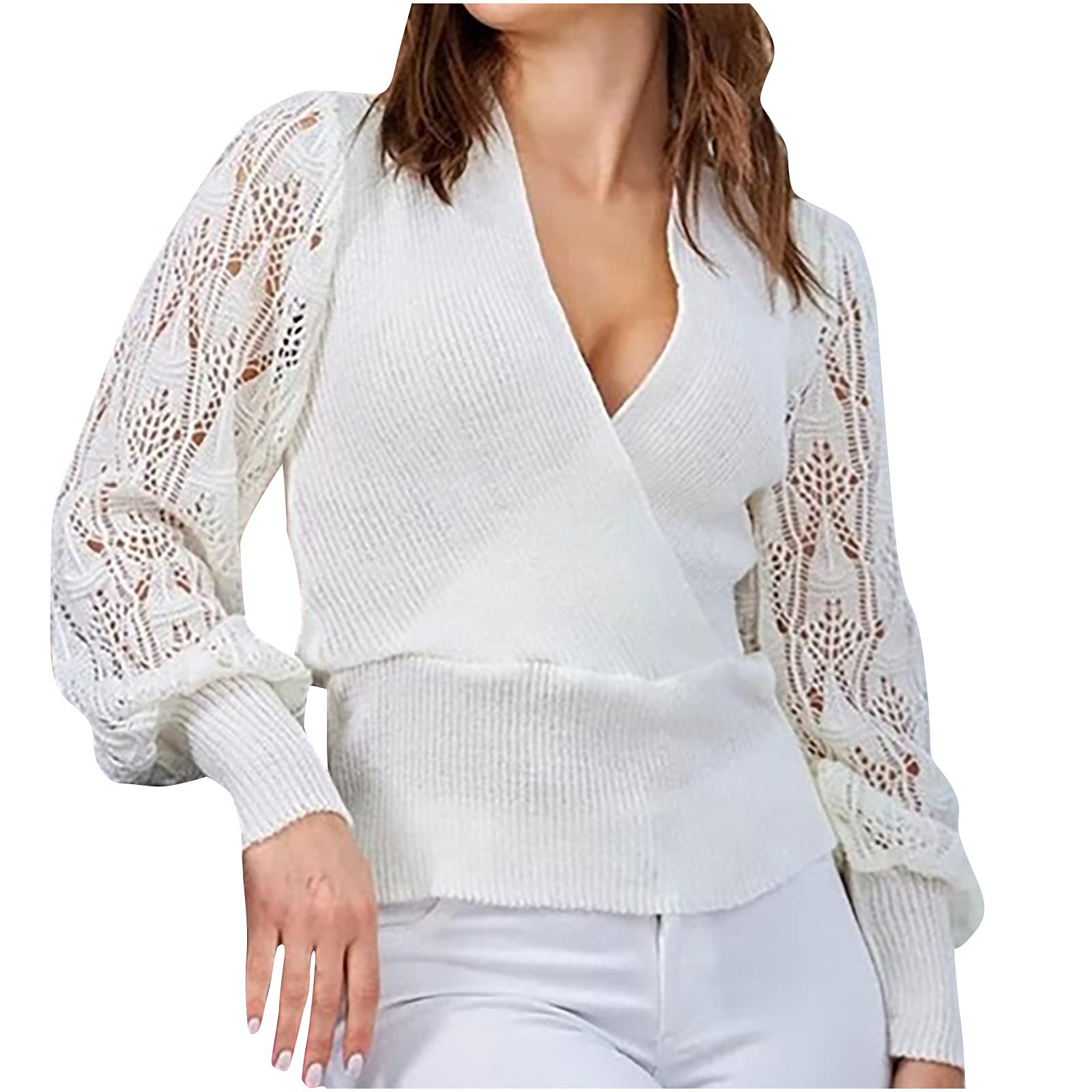 Sexy Women's Criss Cross Wrap Sweater Top - Trendy Cutout Lantern Sleeve V-Neck Blouse for Casual Wear | Perfect for Date Night, Office Outfits & Fall Fashion