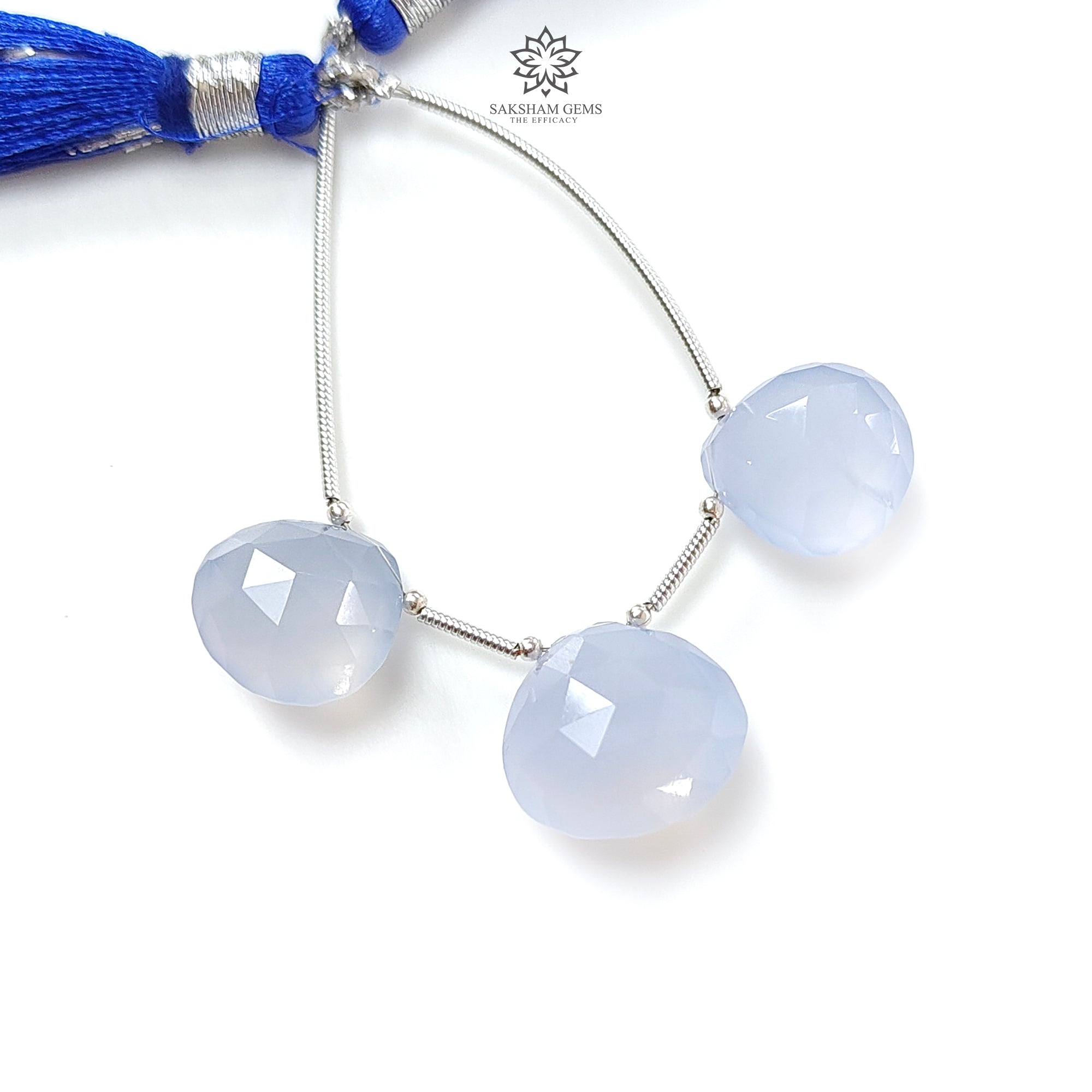 Natural Blue Chalcedony Faceted Loose Beads - 33.80cts Untreated Gemstone, 925 Silver Heart Checker Cut Briolette (10mm-14mm) for Jewelry Making, DIY Crafts & Healing Crystal Bracelets