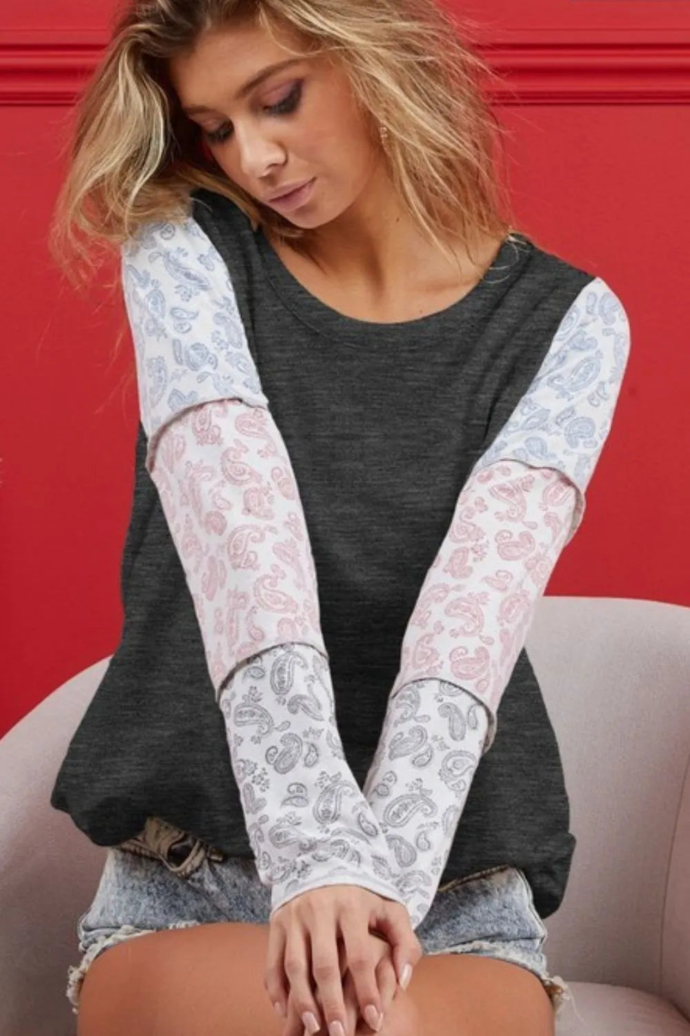 BiBi French Terry Paisley Triblend Color Block Sweatshirt - Soft & Stylish Women's Pullover for Casual Wear & Lounge Outfits
