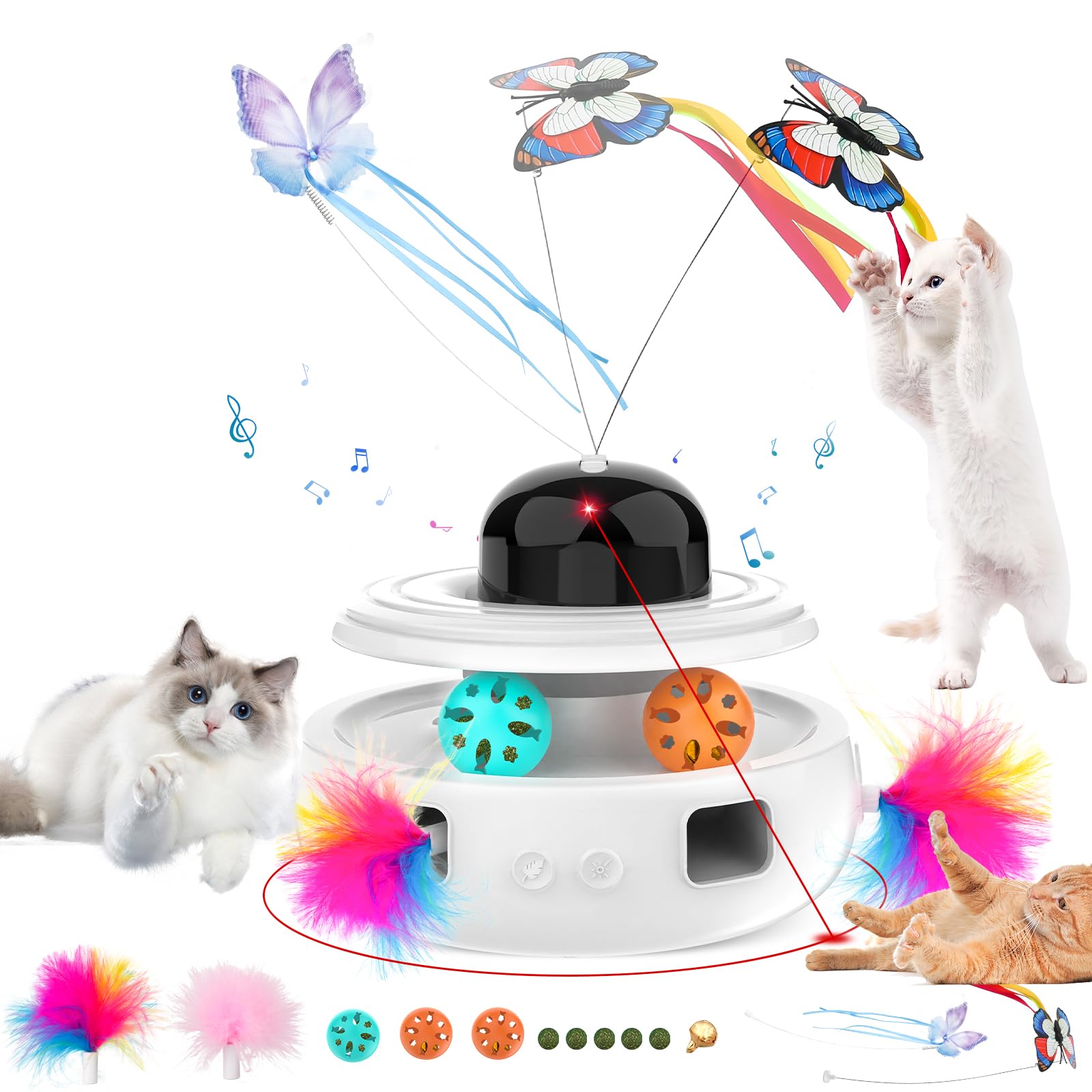5 in 1 Interactive Cat Toys - Automatic Kitten Toys for Indoor Cats | Fluttering Butterfly Toy for Chase & Exercise, Durable White Cat Toy for Playtime & Stress Relief - Perfect for Bored Cats & Active Kittens