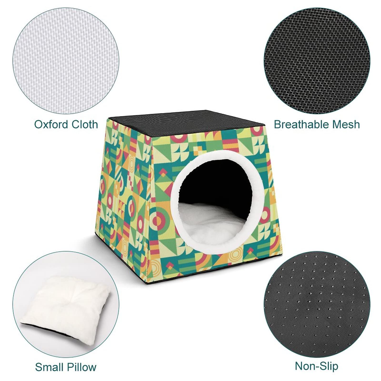 Printed Cat Houses & Condos - Foldable Cat Cube Bed with Removable Pillow, Green Abstract Puzzle Design - Cozy Pet Furniture for Indoor Cats, Perfect for Living Room, Bedroom or Office