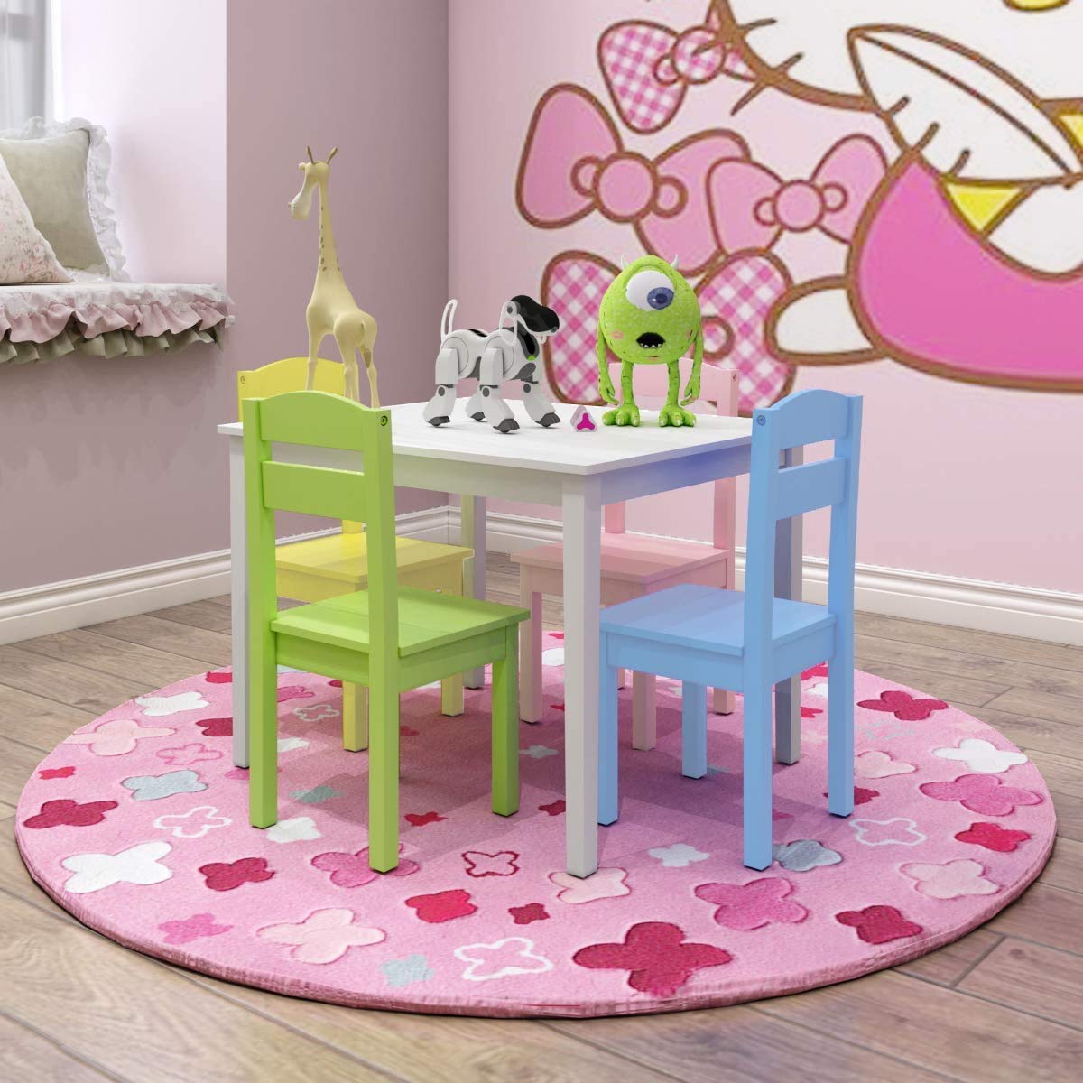 LDAILY Moccha 5-Piece Kids Wooden Table and Chair Set - Colorful Children's Dining Table with 4 Sturdy Backrest Chairs - Perfect for Playroom, Learning Activities, Indoor Picnic & Toddler Mealtime
