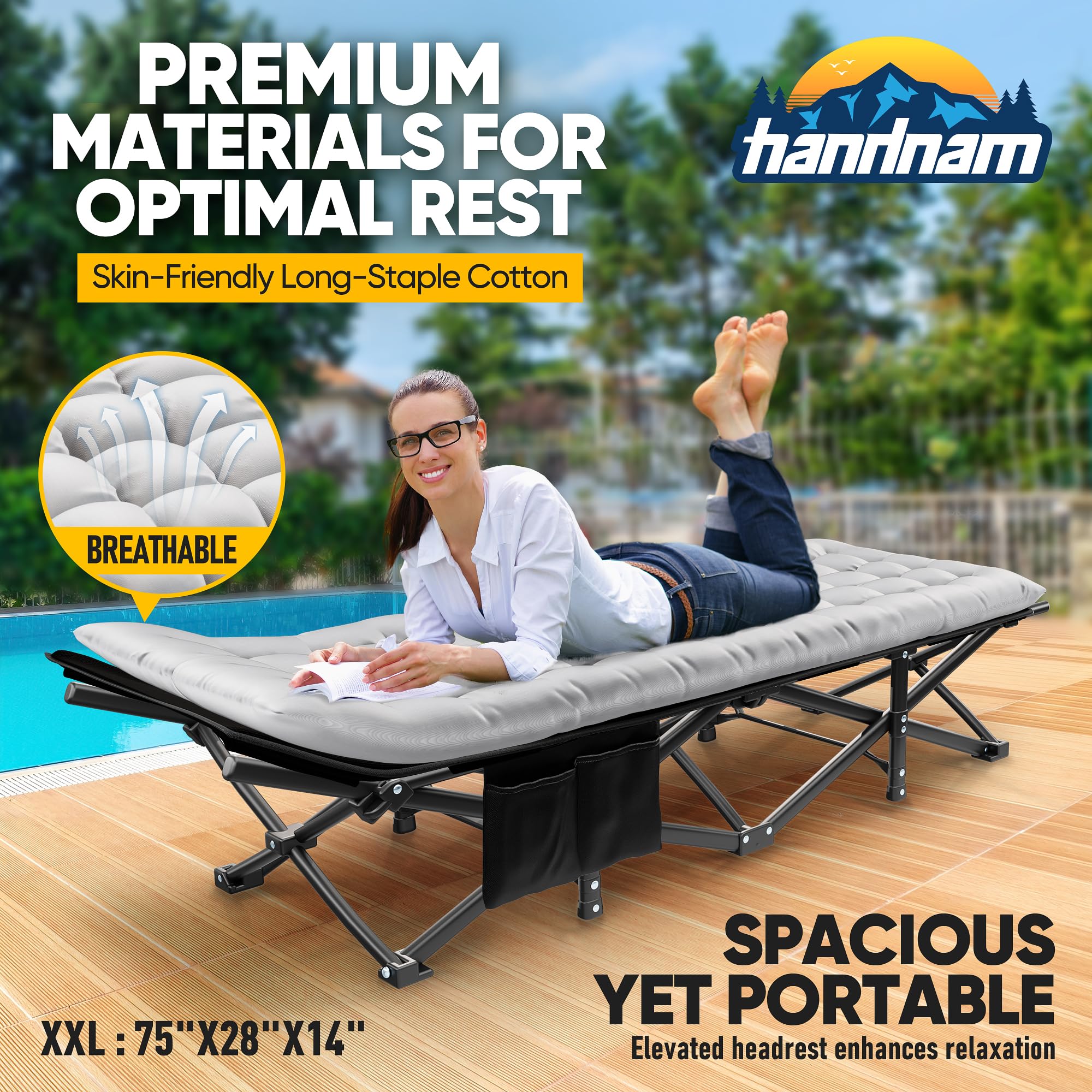 Heavy Duty Folding Camping Cot for Adults - 1200D Double Layer Oxford Fabric with Flannel Blanket - Supports 550LBS - Portable Sleeping Cot for Camping, Travel, Home, Office & Beach Nap