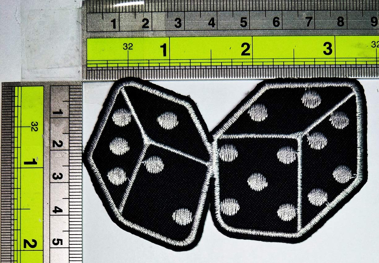Black Dice Craps Gambling Las Vegas Poker Cartoon Iron On Patch Set - Embroidered Ghost Skull Badge for Motorcycle Jacket, Uniform & Fabric DIY (Pair) - Perfect for Biker Gangs, Costume Parties & DIY Crafts