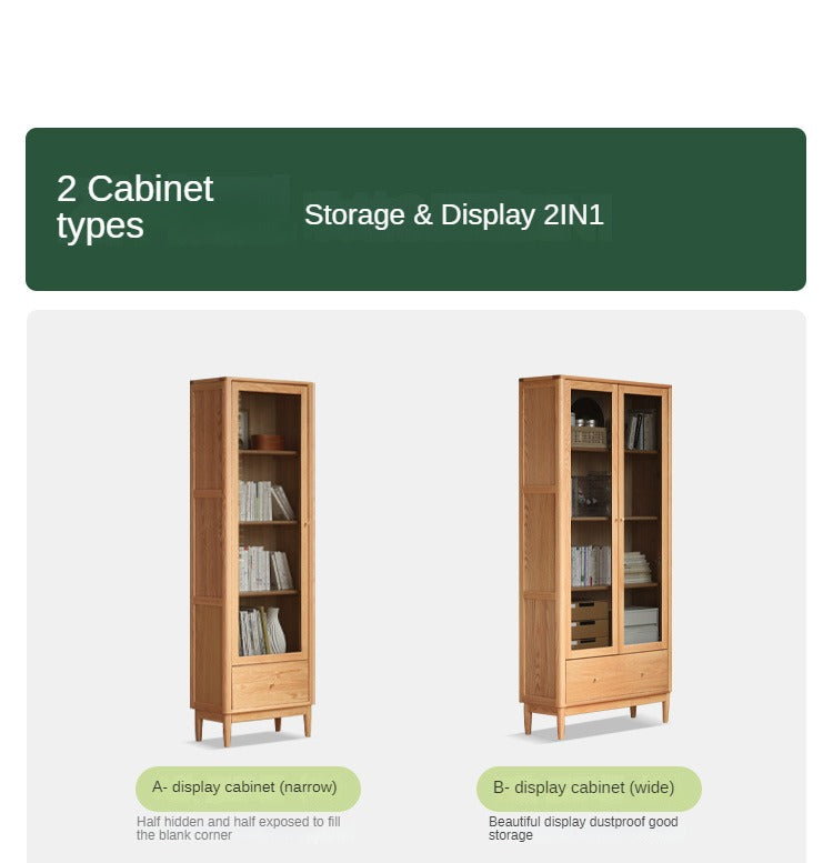 Oak Solid Wood Modern Glass Door Bookcase - Stylish Bookshelf for Living Room, Office & Library - Perfect for Home Decor & Book Storage