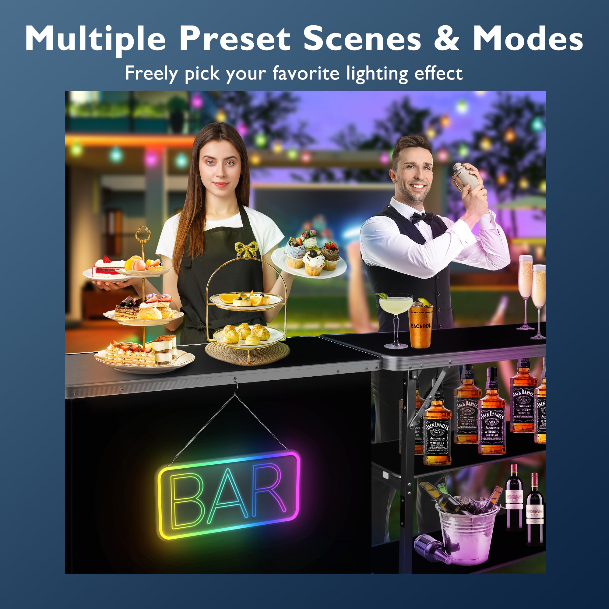 BRILLIHOOD Portable Double Shelves Bar Table with LED Neon Sign - Mobile Bartender Station for Home, Events, Outdoor & Patio Use | Includes Black Skirt & Carry Case | Perfect for Parties, Weddings & Backyard Gatherings