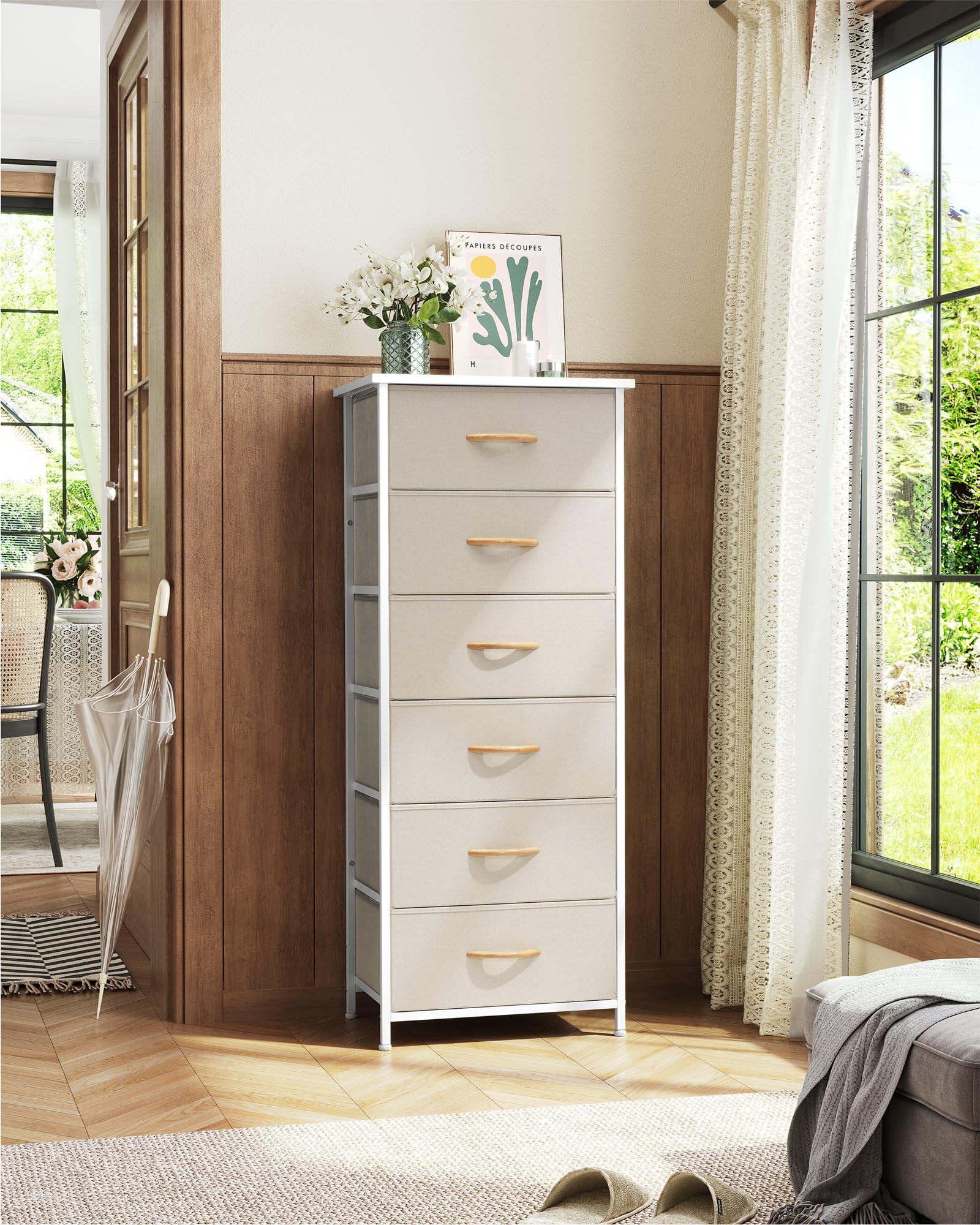 Crestlive 6-Drawer Tall Dresser for Closet - Vertical Storage Tower with Sturdy Steel Frame & Wood Top | Easy Pull Fabric Bin Handles | Bedroom, Hallway & Entryway Organizer | Perfect for Small Spaces & Apartment Living (Beige)
