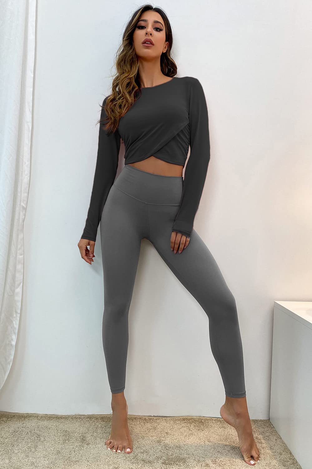 Sanutch Cropped Long Sleeve Tops Sweat Wicking Athletic Shirt Dance Crop Tops for Running Hiking Women Black S