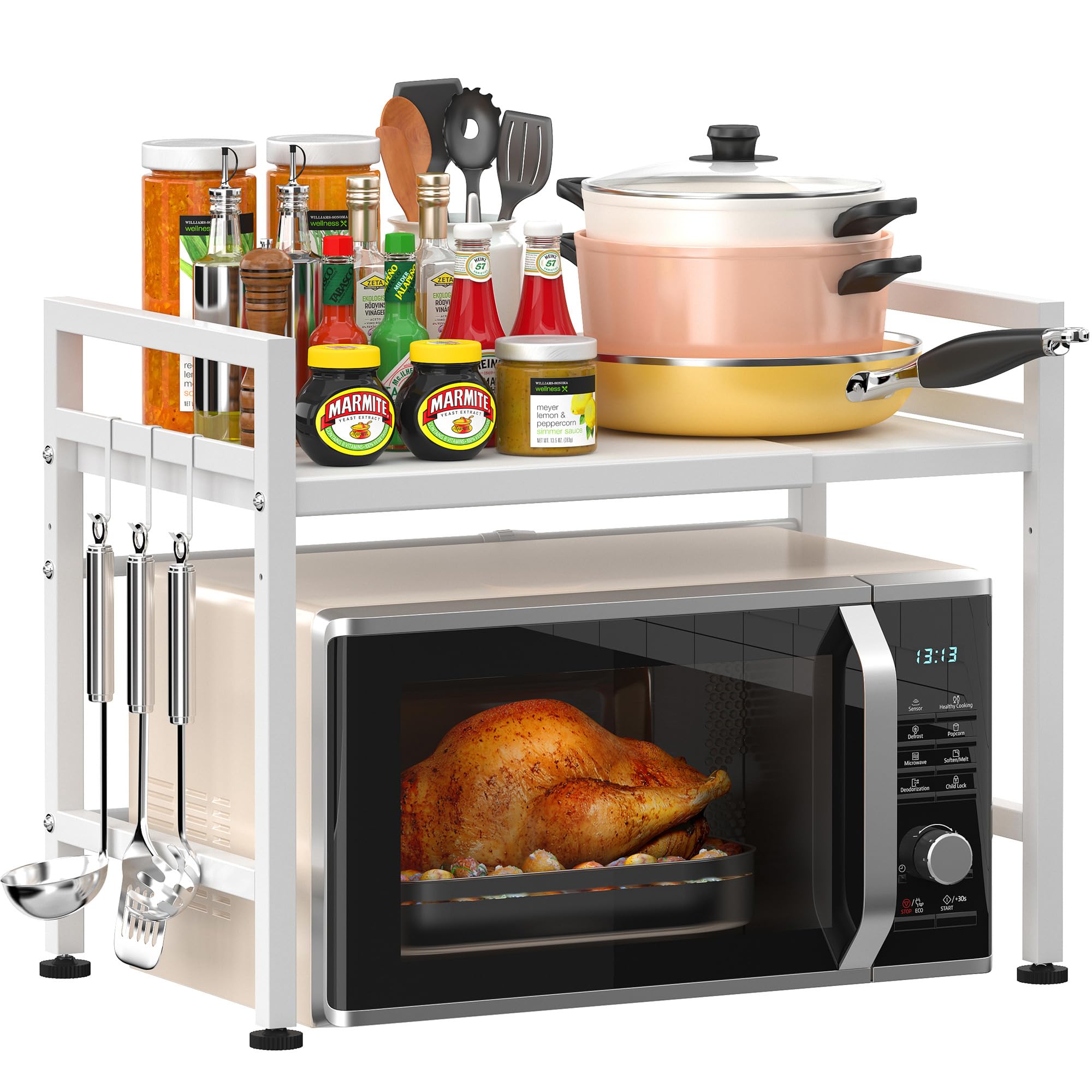PUSDON 2-Tier Extendable Microwave Oven Rack - White | Space Saving Kitchen Organizer for Small Appliances | Perfect for Microwave Storage, Spice Racks & Countertop Organization
